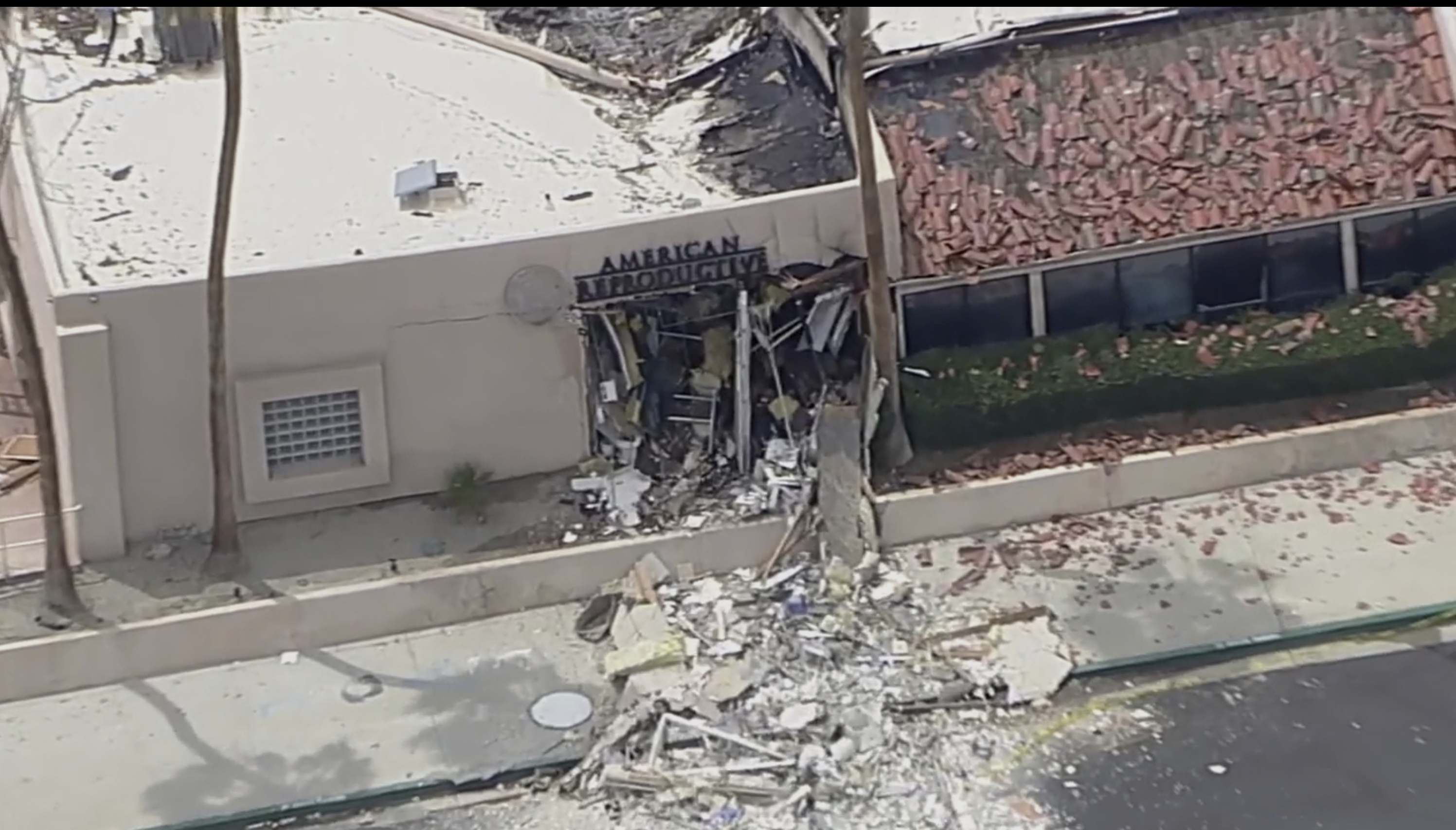 Debris covers the ground after an explosion on Saturday, May 17, 2025, in Palm Springs, California.<br />(ABC7 Los Angeles via AP)