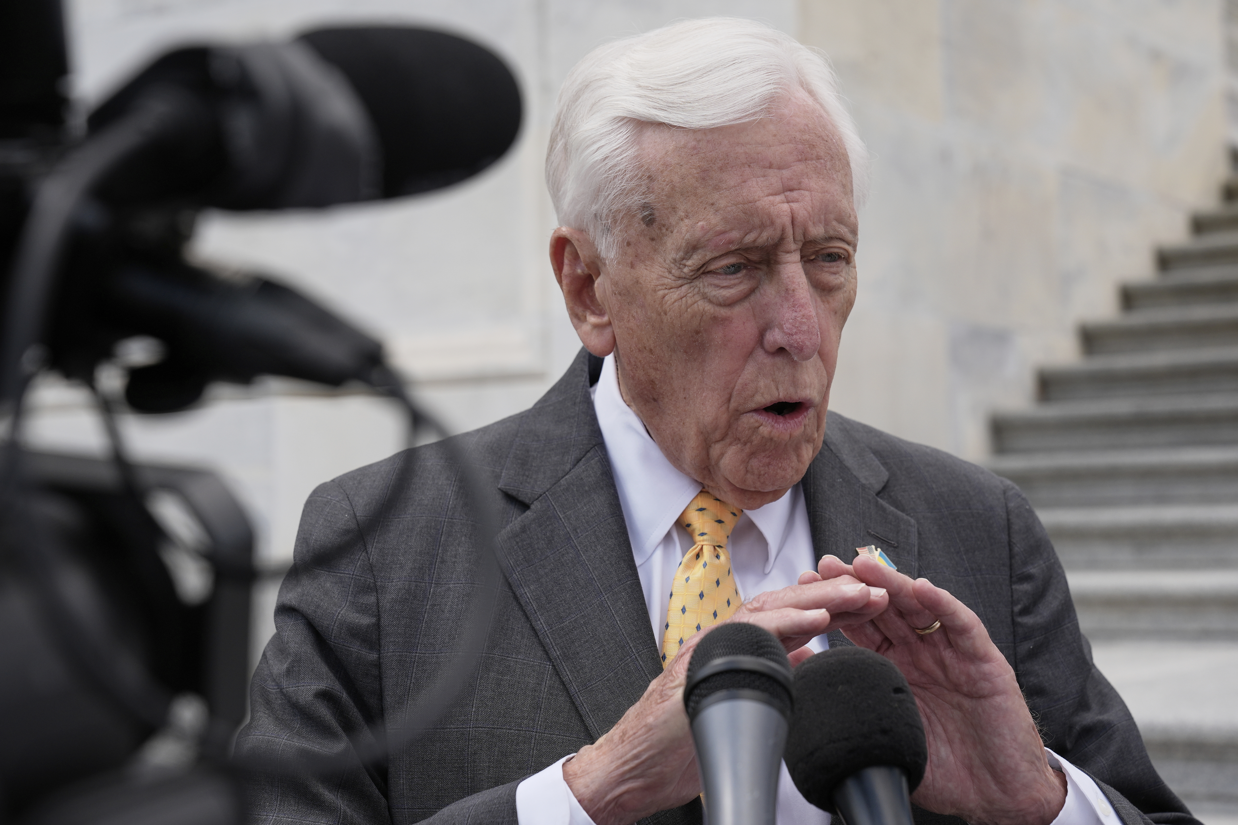 Rep. Steny Hoyer, D-Md., speaks with reporters at the U.S. Capitol, Wednesday, July 2, 2025, in Washington.<br /> (Mariam Zuhaib / AP Photo)