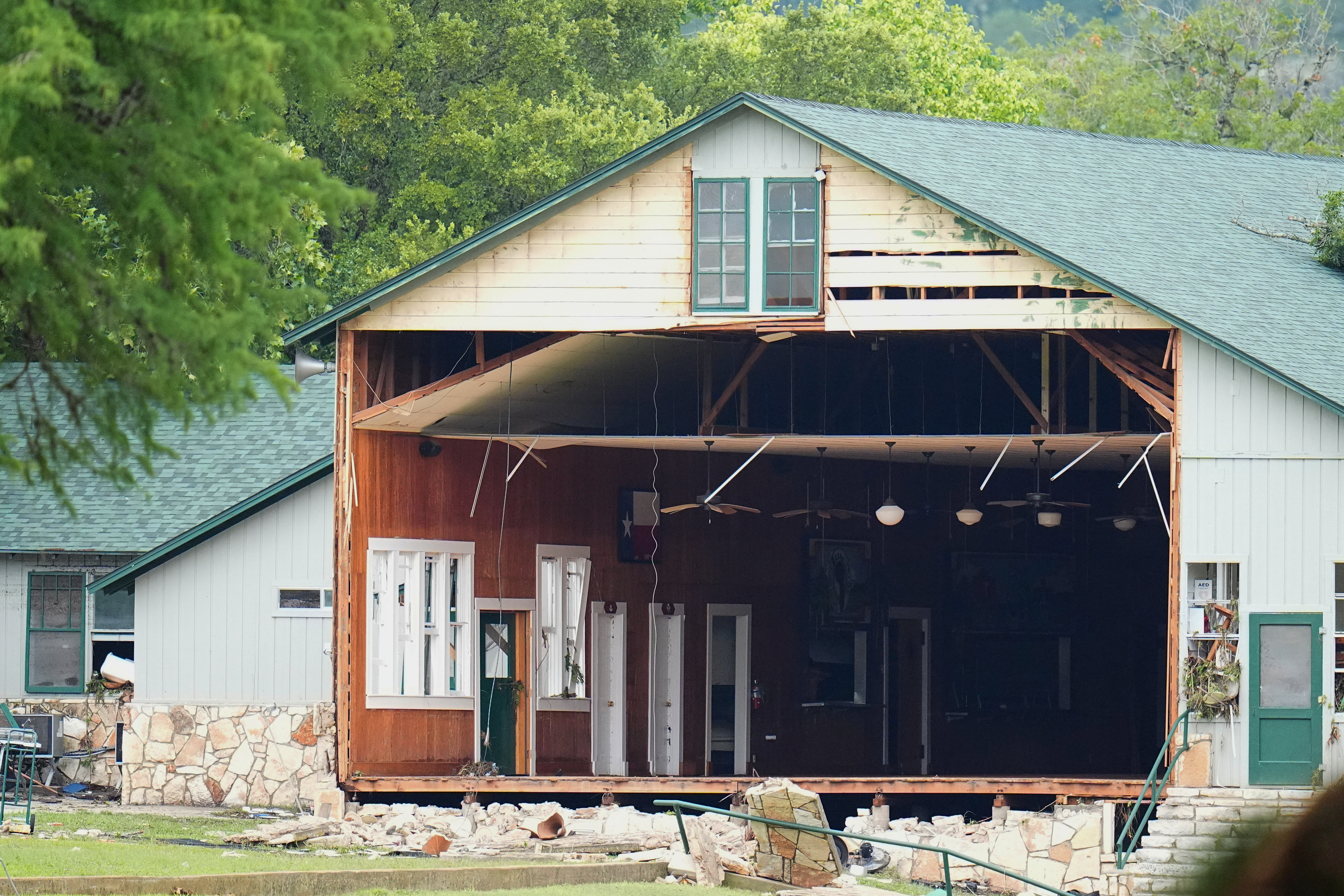 A wall is missing on a building at Camp Mystic along the banks of the Guadalupe River, Saturday, July 5, 2025, in Hunt, Texas, after a flash flood swept through the area.<br />(Julio Cortez / AP Photo)