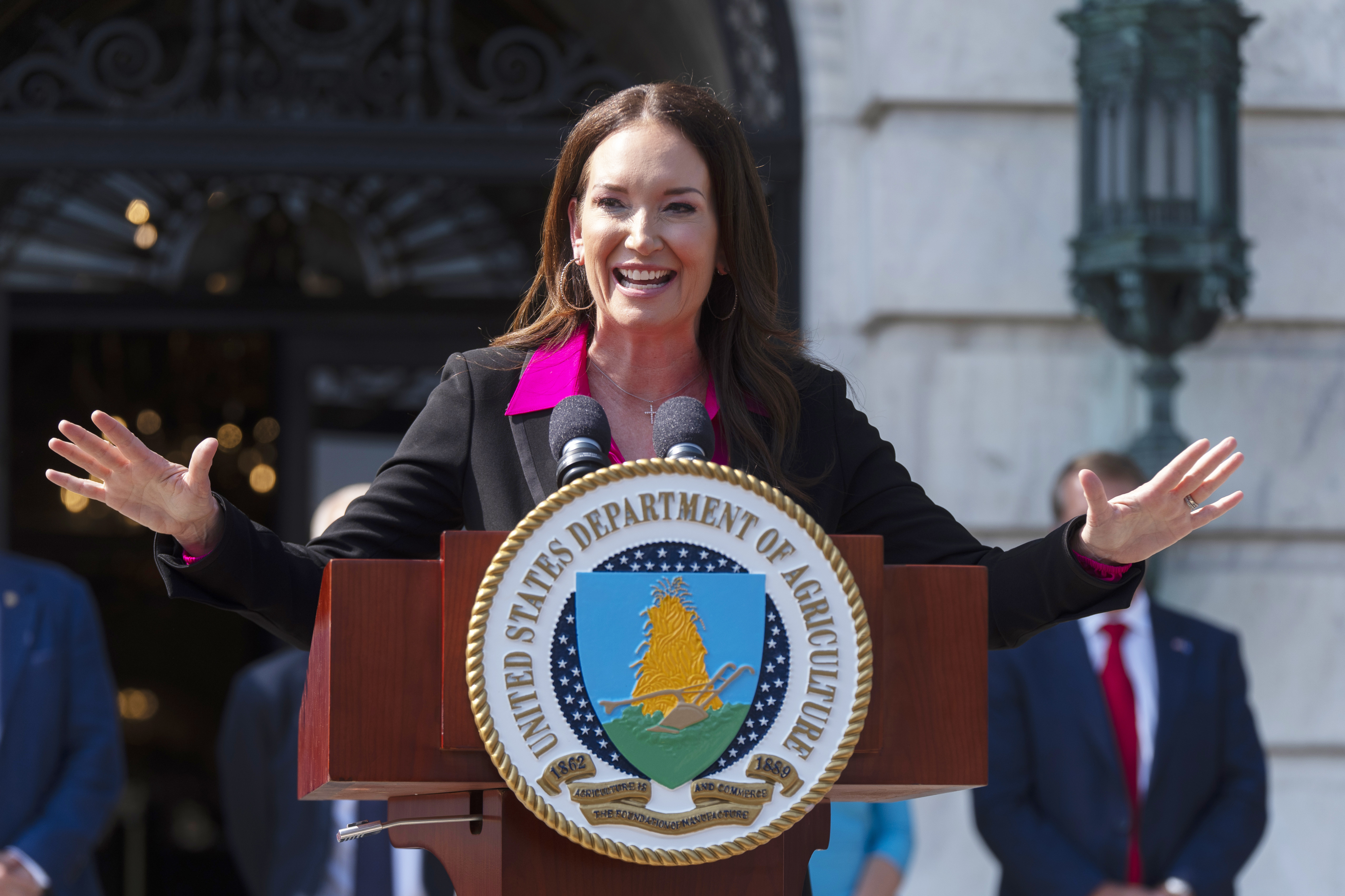 Agriculture Secretary Brooke Rollins speaks during a news conference at the Department of Agriculture to rollout the USDA&#039;s National Farm Security Action Plan and discuss actions being taken to protect American agriculture from foreign threats in Washington, Tuesday, July 8, 2025.<br />(Manuel Balce Ceneta / AP Photo)