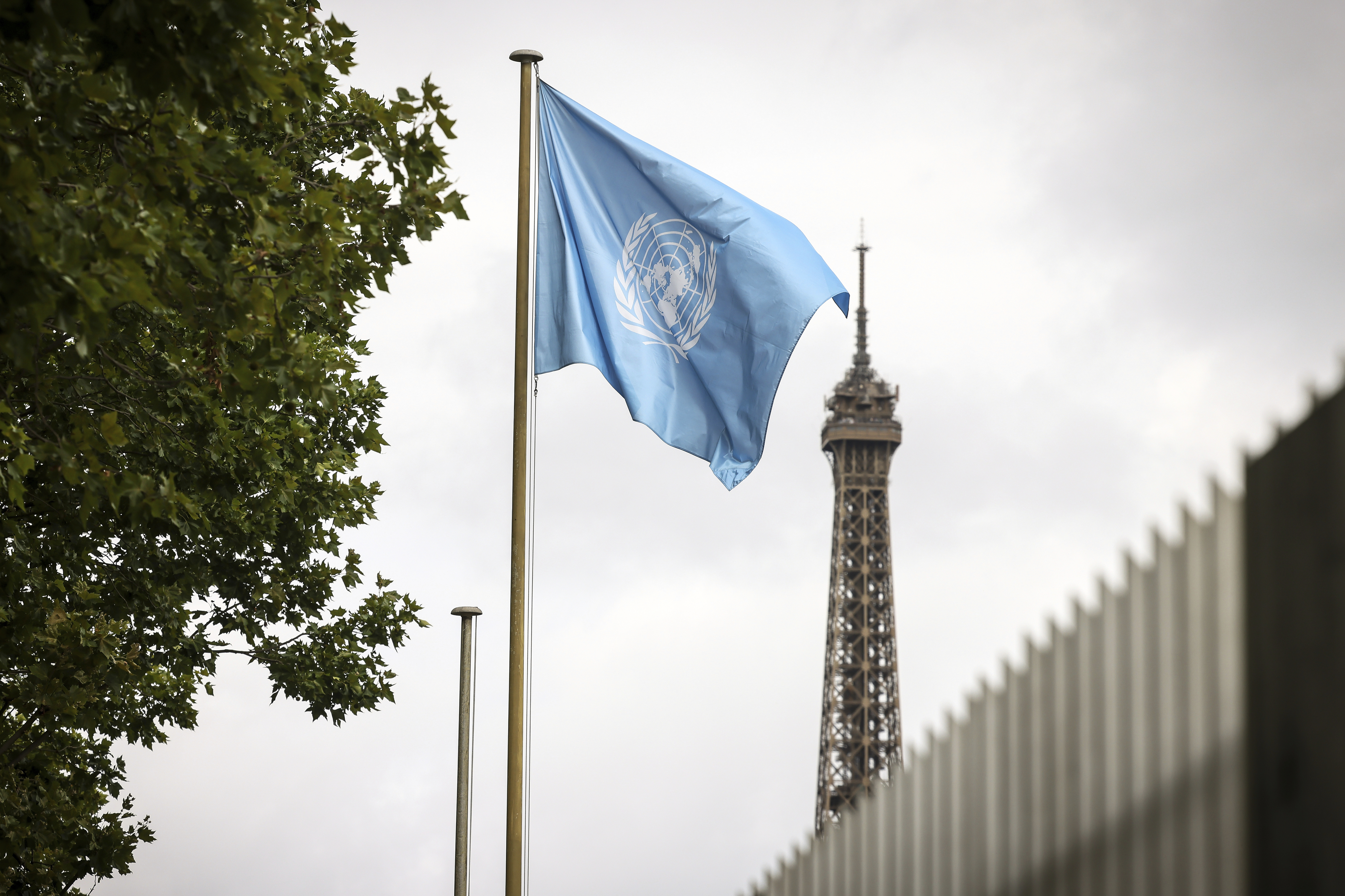 The UNESCO flag flies at its headquarters Tuesday, July 22, 2025 in Paris.<br />(Thomas Padilla / AP Photo)