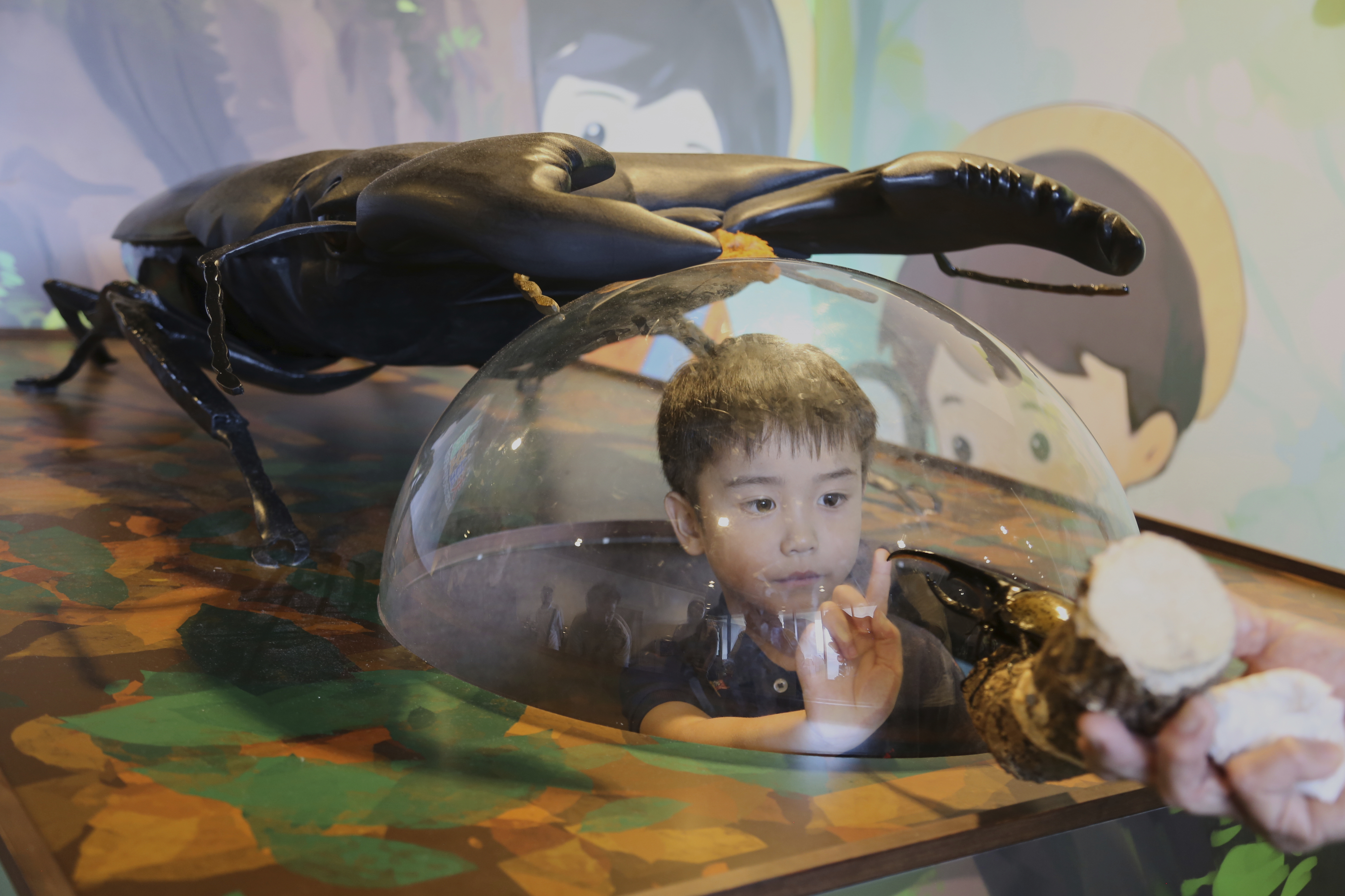 Asahi Yamauchi, 4, looks at a beetle and plays at an exhibition devoted to insects in Tokyo, Thursday, July 31, 2025.<br />(Yuri Kageyama / AP Photo)