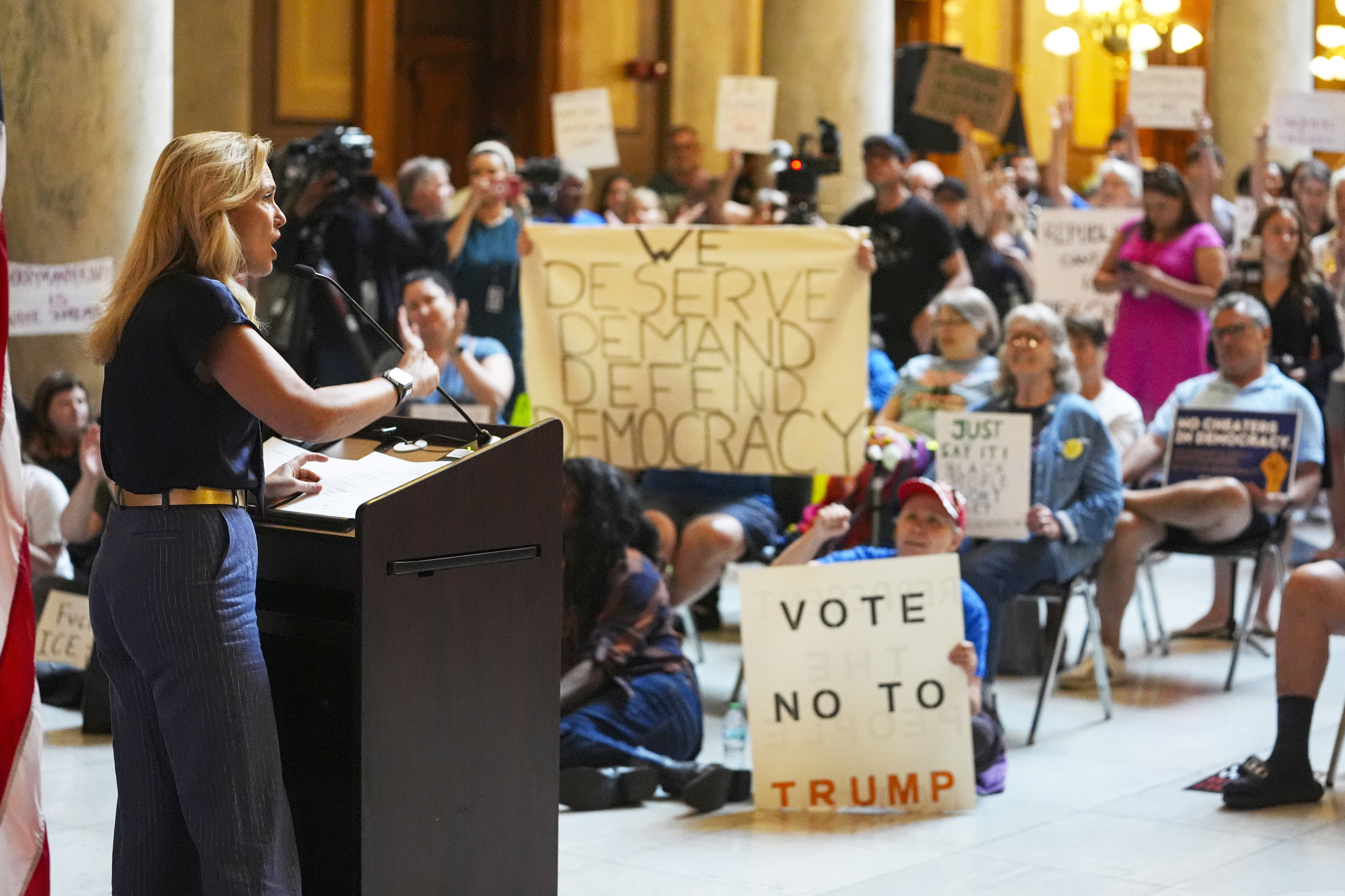 Sen Shelli Yoder, R-Bloomington, speaks at a rally protesting redistricting at the Statehouse in Indianapolis, Thursday, Aug. 7, 2025.<br />(Michael Conroy / AP Photo)