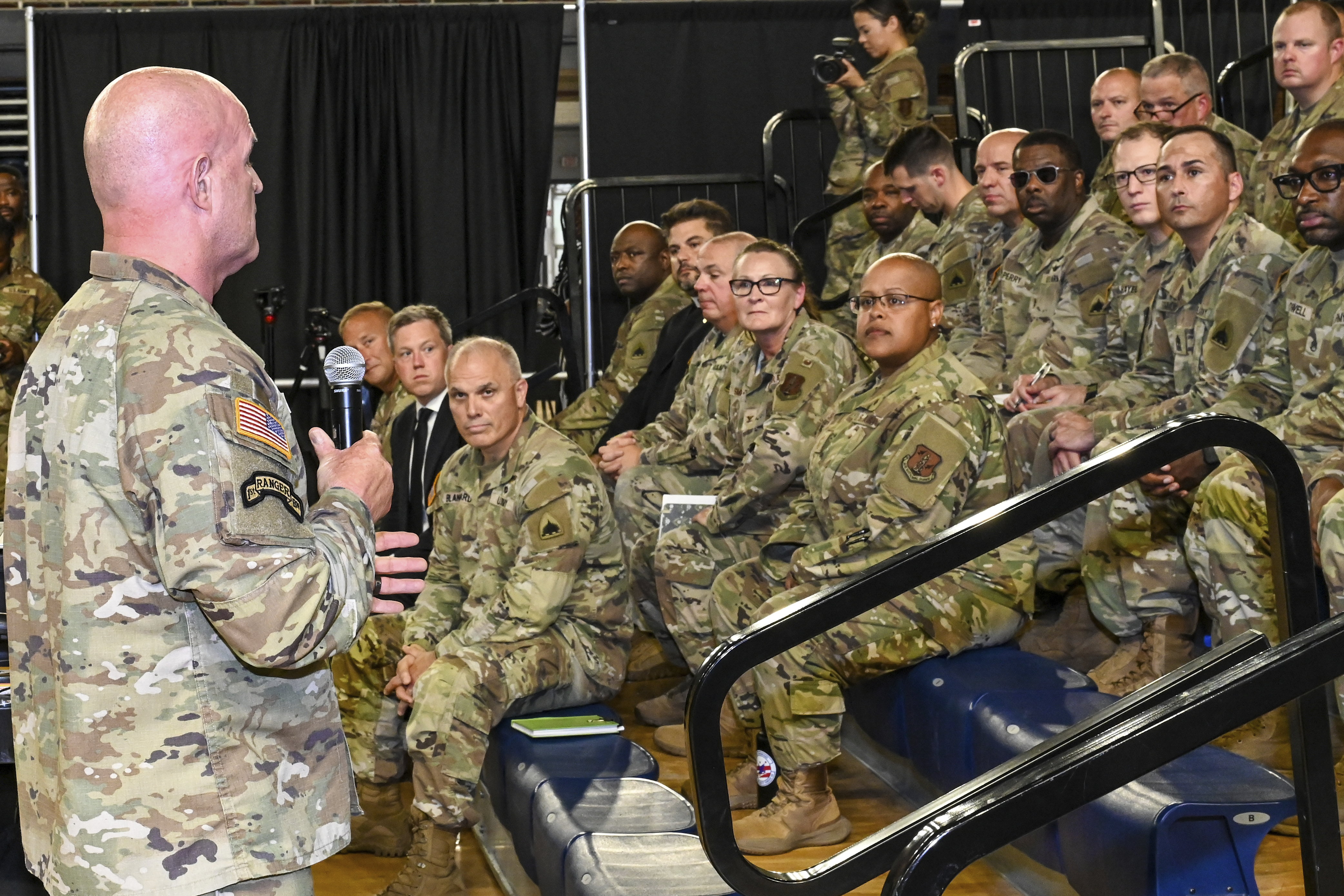 In this image provided by the U.S. Army National Guard, Vice Chief of Staff of the Army Gen. James Mingus speaks with soldiers and airmen from the District of Columbia National Guard at the D.C. National Guard Armory in Washington, Tuesday, Aug. 12, 2025.<br />(Sgt. 1st Class Christy L. Sherman / U.S. Army National Guard via AP)