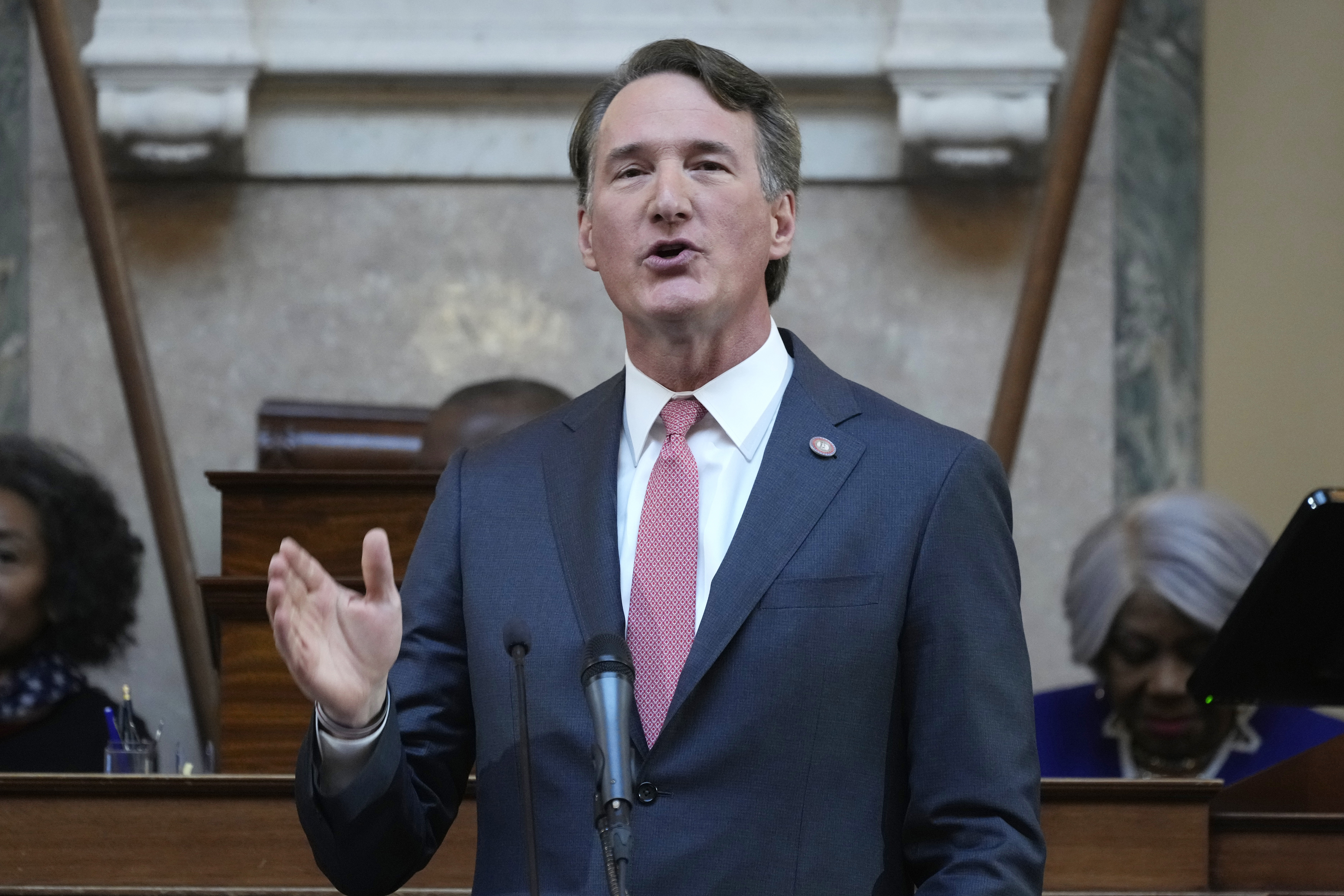 Virginia Gov. Glenn Youngkin gestures as he delivers his annual State of the Commonwealth address before a joint session of the Virginia General Assembly at the state Capitol, Jan. 13, 2025, in Richmond, Va.<br />(Steve Helber / AP Photo)