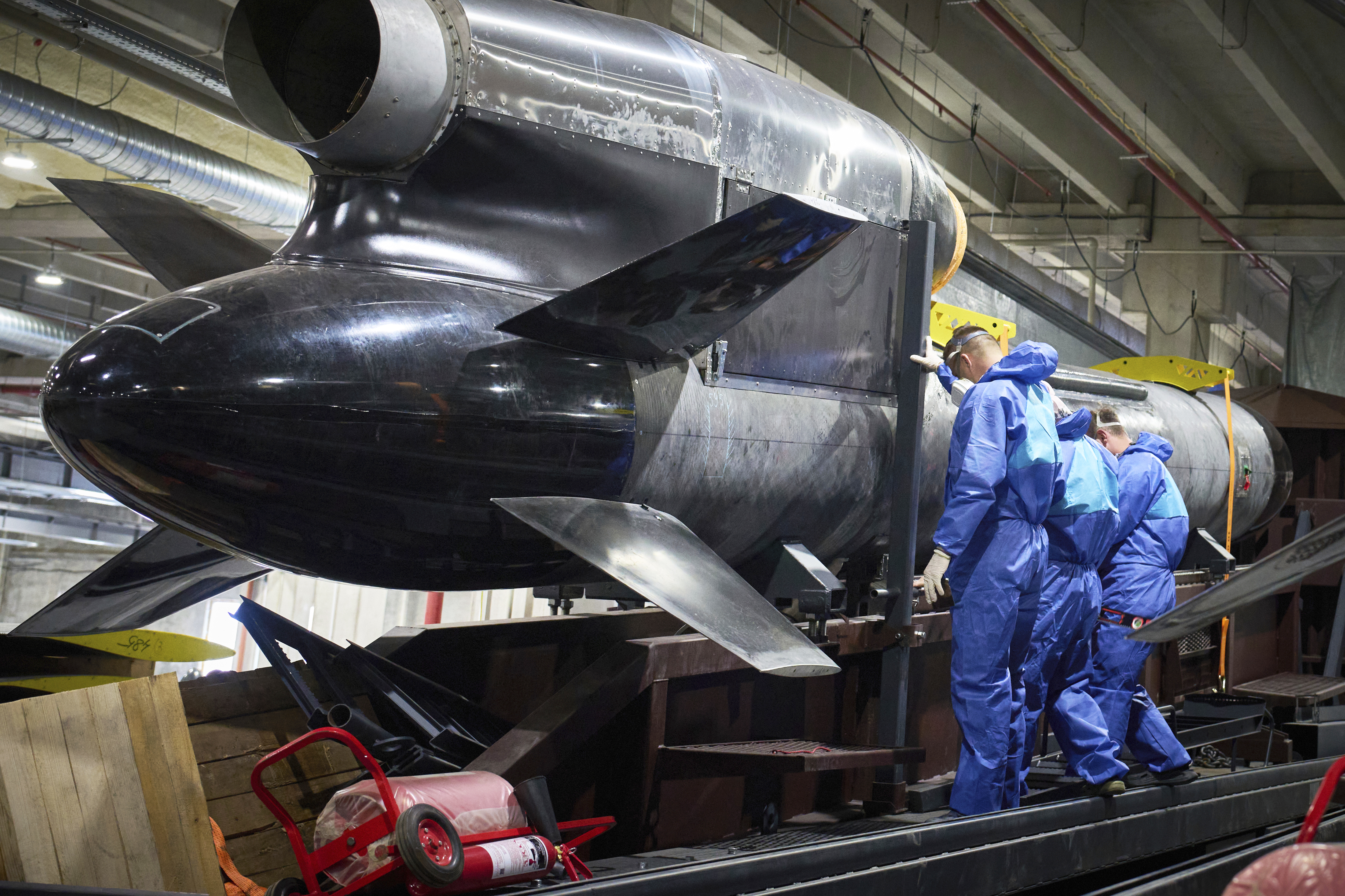 Workers inspect a Flamingo cruise missile at Fire Point&#039;s secret factory in Ukraine on Monday, Aug. 18, 2025.<br />(Efrem Lukatsky / AP Photo)