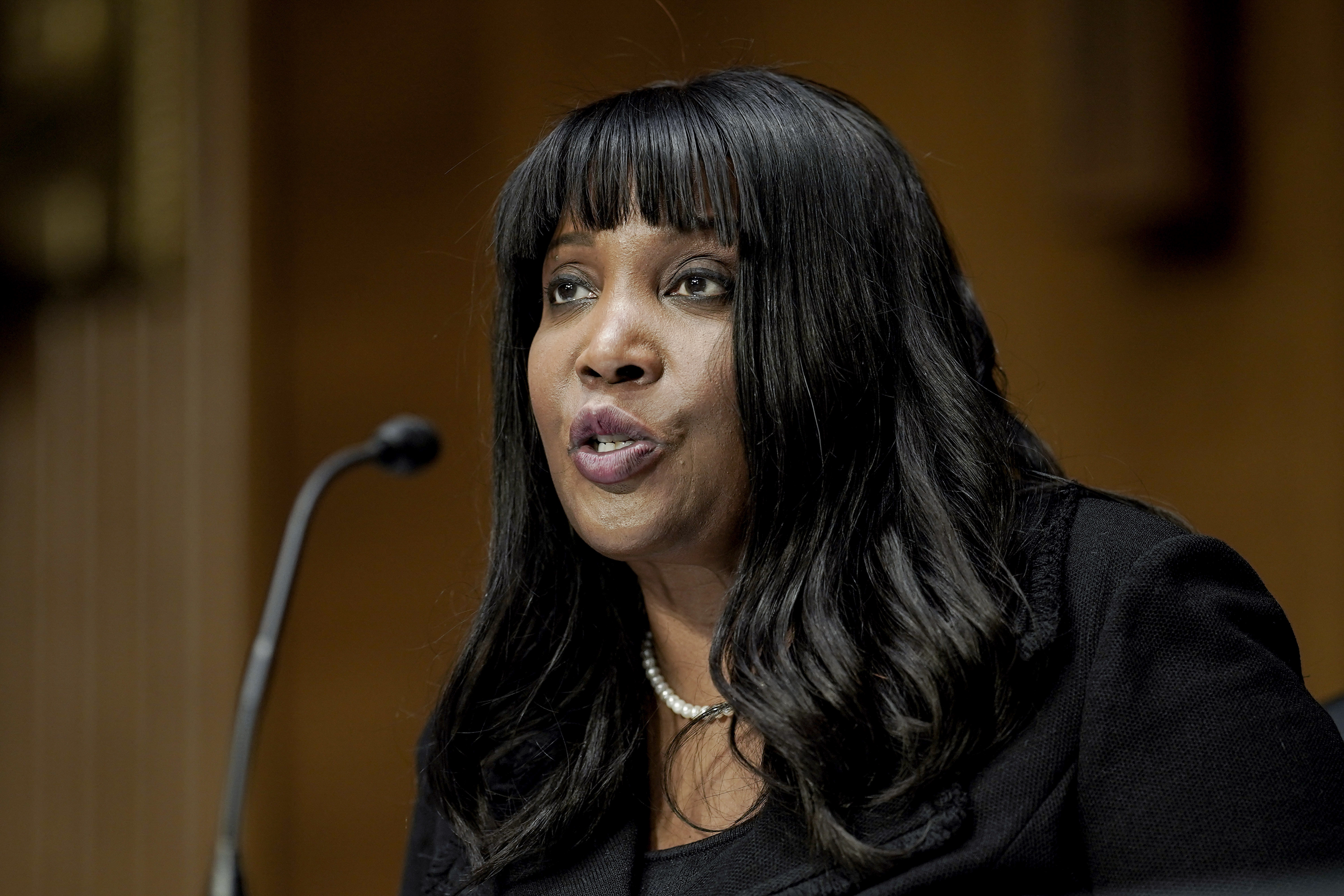 Lisa Cook, nominee to be a member of the Federal Reserve Board of Governors, speaks during the Senate Banking, Housing and Urban Affairs Committee confirmation hearing on Feb. 3, 2022, in Washington.<br />(Ken Cedeno / Pool via AP)