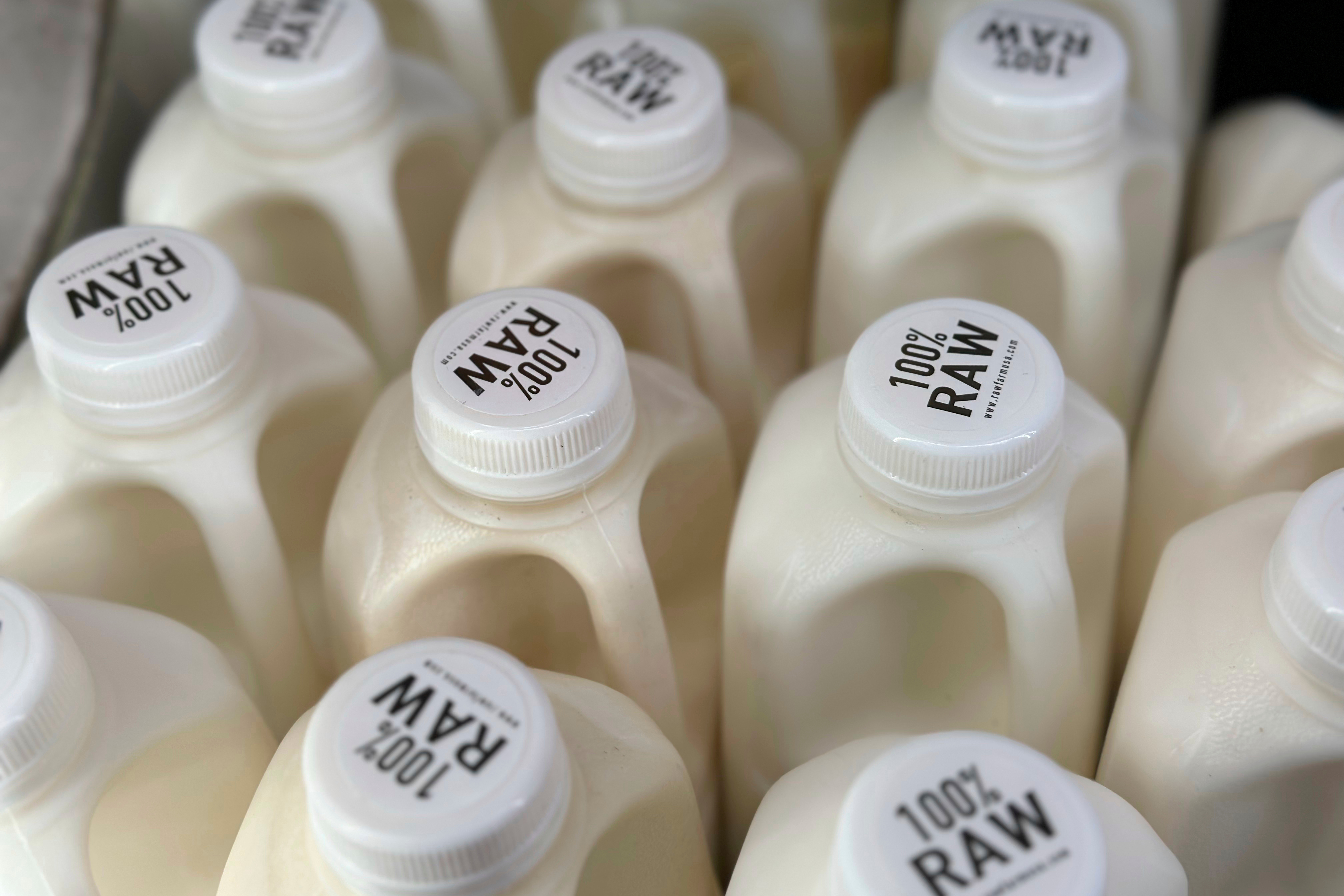 Bottles of raw milk are displayed for sale at a store in Temecula, Calif., on Wednesday, May 8, 2024.<br />(JoNel Aleccia / AP Photo)