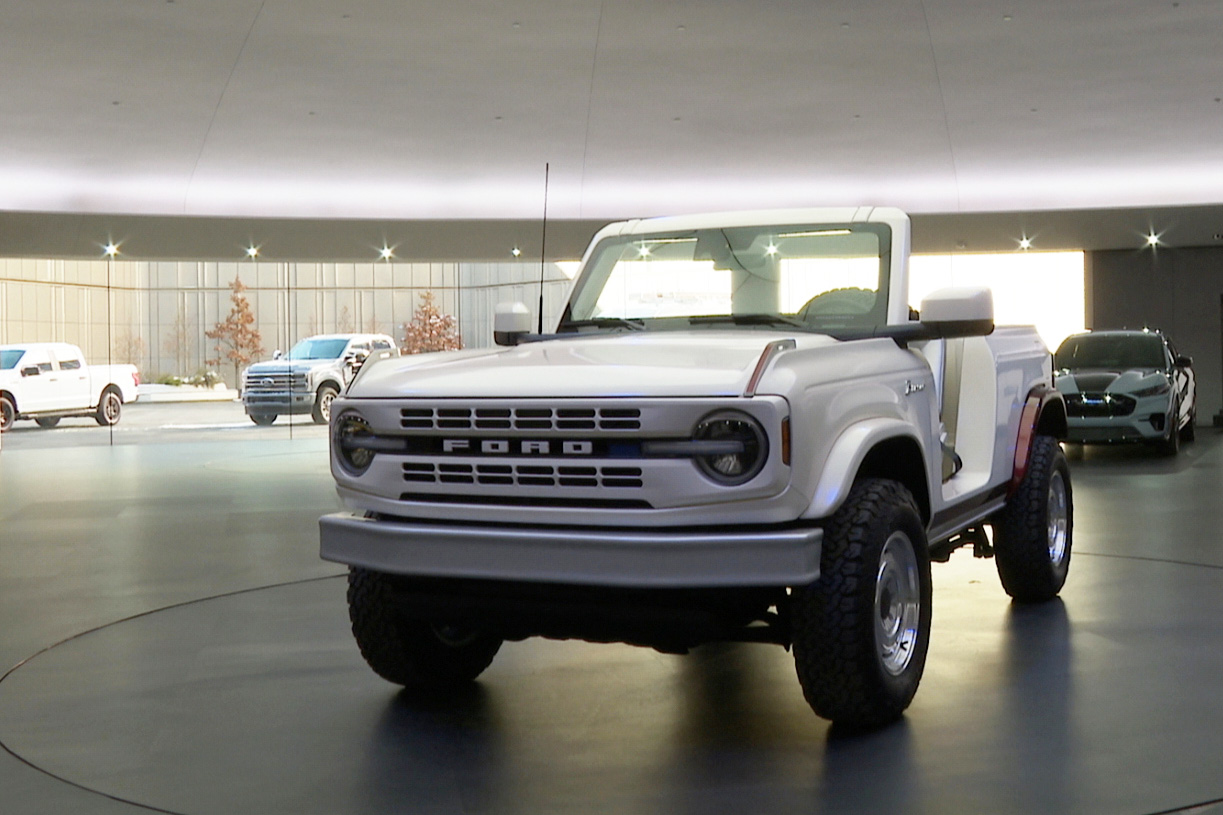 In this image taken from video, a Bronco concept vehicle is parked in the showroom inside Ford Motor Co.&#039;s new headquarters building, Monday, Nov. 10, 2025, in Dearborn, Mich.<br />(Mike Householder / AP Photo)