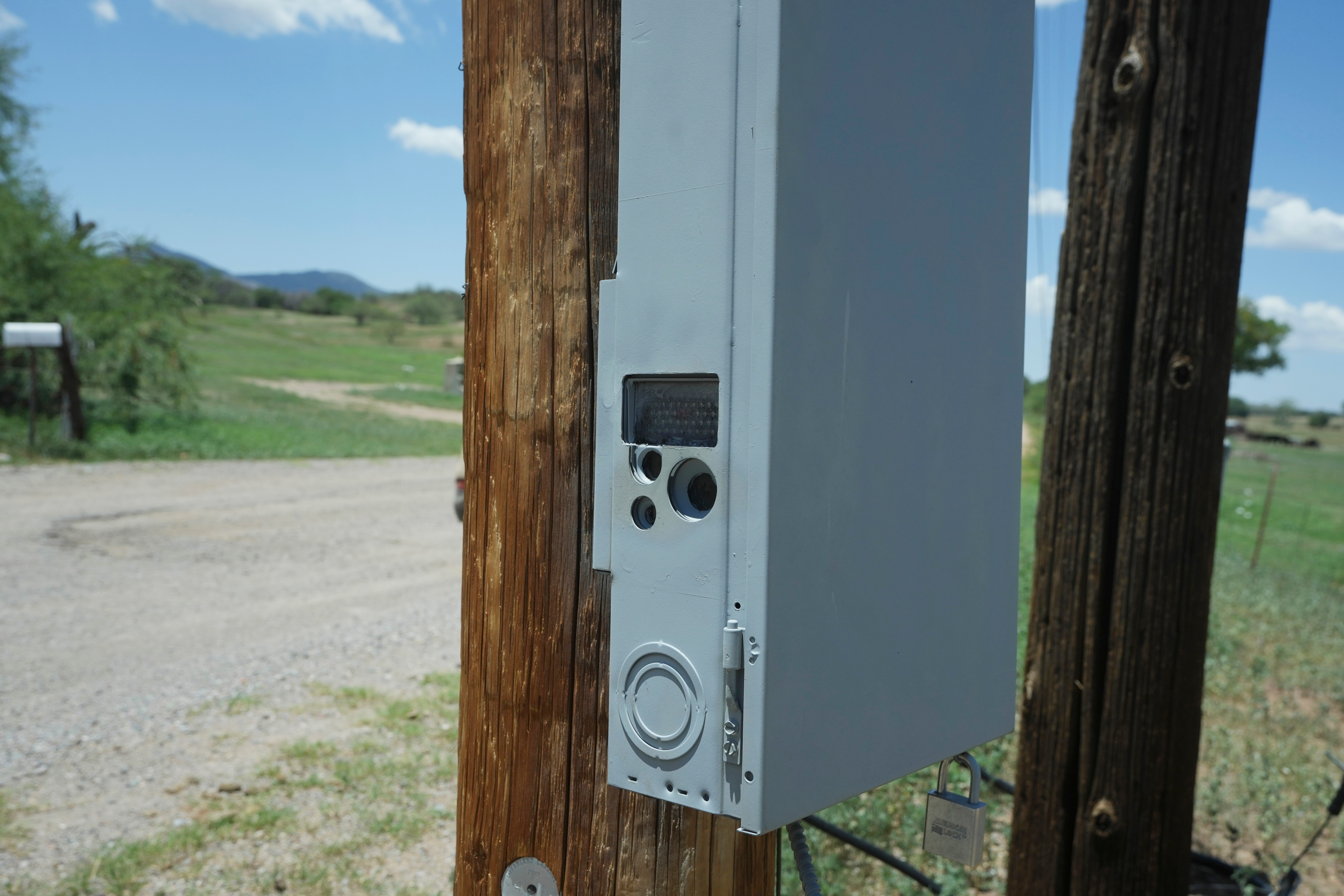 A remote camera hidden in an electrical box is used as surveillance technology, Tuesday, July 29, 2025, in Sierra Vista, Ariz.<br />(AP Photo)
