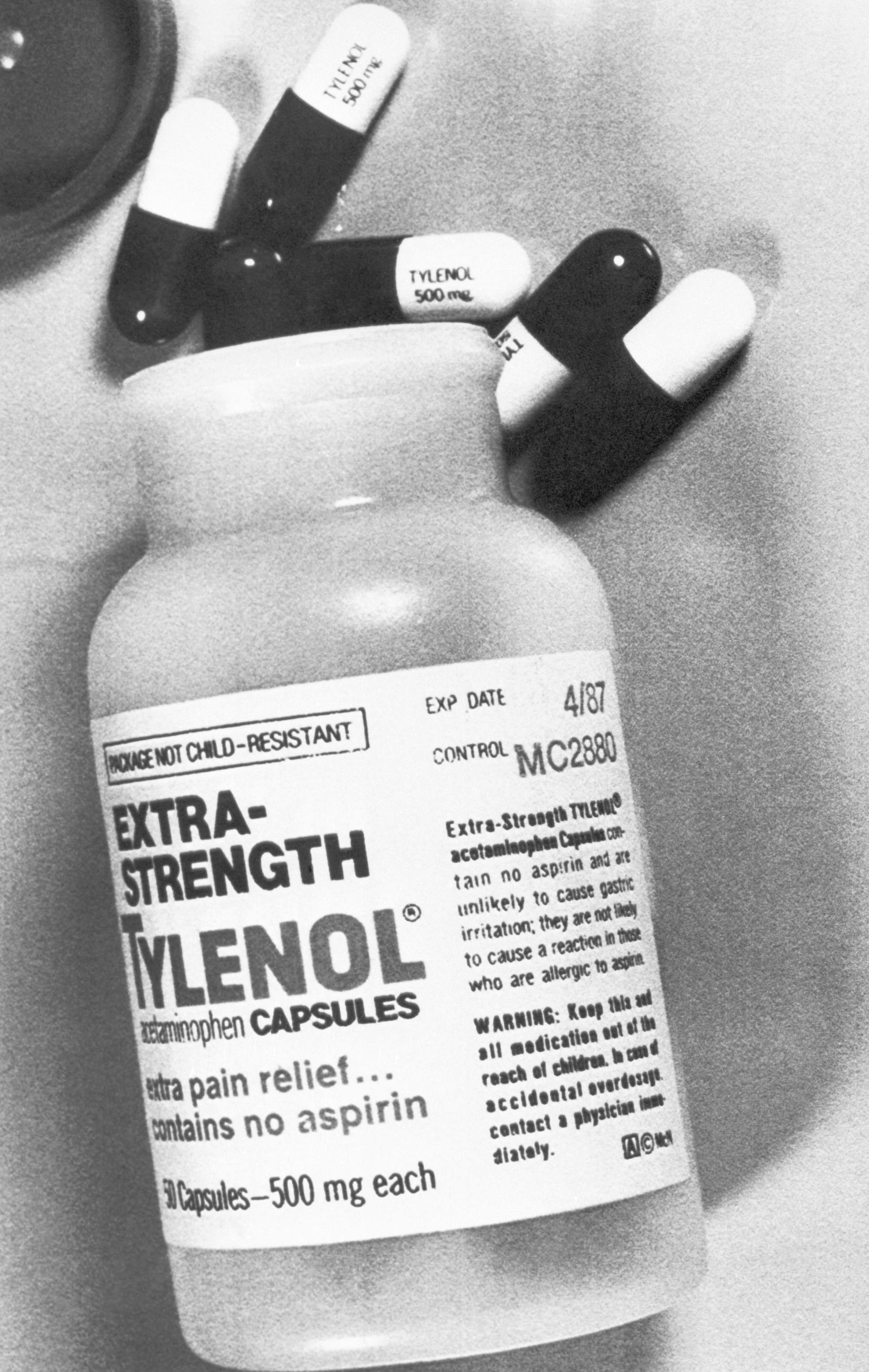 In this Sept. 30, 1982 photo, a bottle of Extra-Strength Tylenol from the same lot, number MC 2880, found to have caused cyanide poisoning to people in the Chicago area is displayed in Chicago. A little over 40 years ago, Johnson &amp; Johnson recalled more than 20 million bottles of Tylenol capsules after someone laced the painkillers with cyanide and put them in store shelves in the Chicago area. Seven people were killed.<br />(AP Photo)