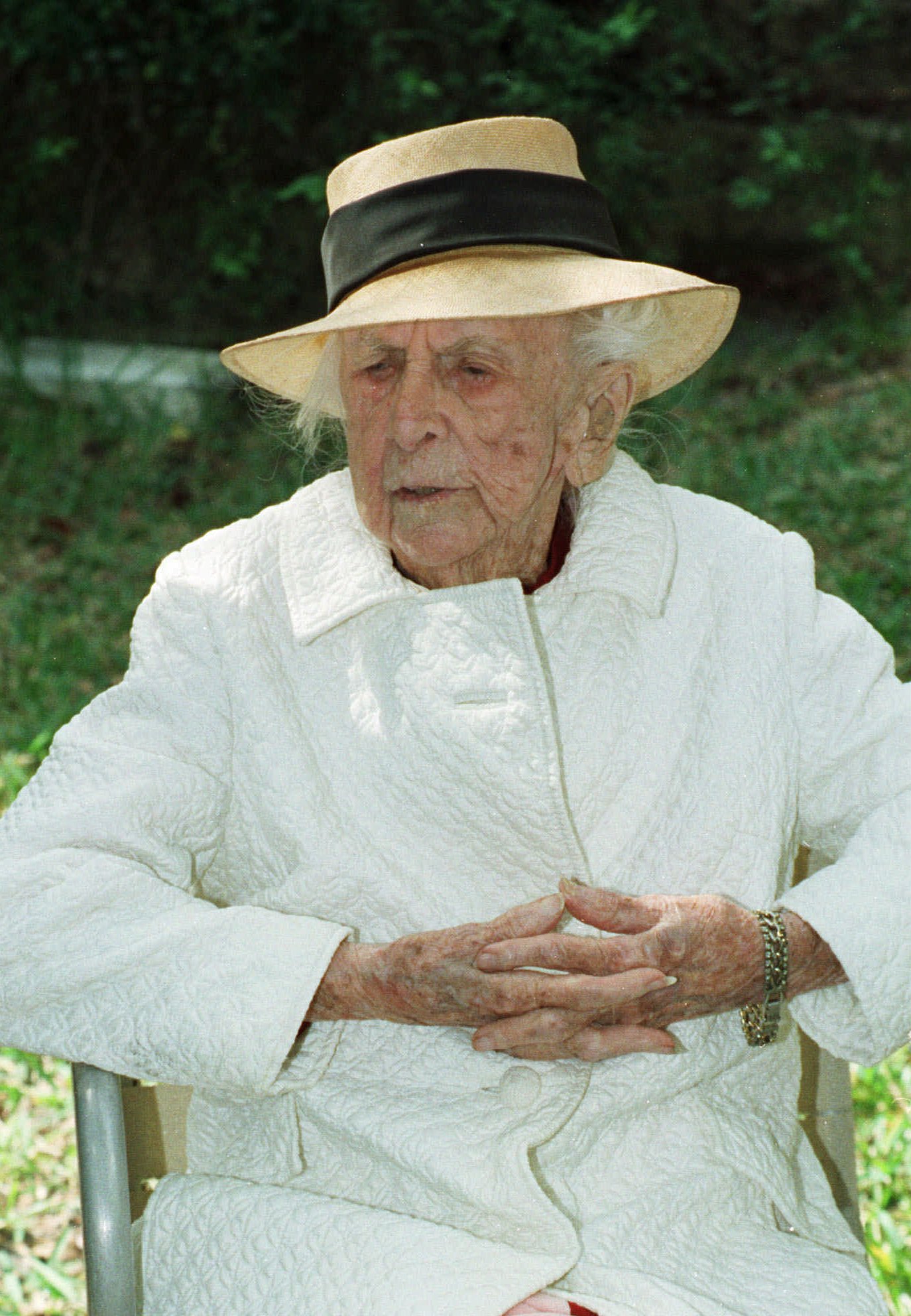 Marjory Stoneman Douglas, grand old dame of the Everglades, shown at her 102nd birthday in 1992, died in Miami, Fla., Thursday, May 14, 1998, at the age of 108.  In 1947, she helped lead the successful push to have nearly 1.6 million acres designated as Everglades National Park.<br />(Lynne Sladky / AP Photo)