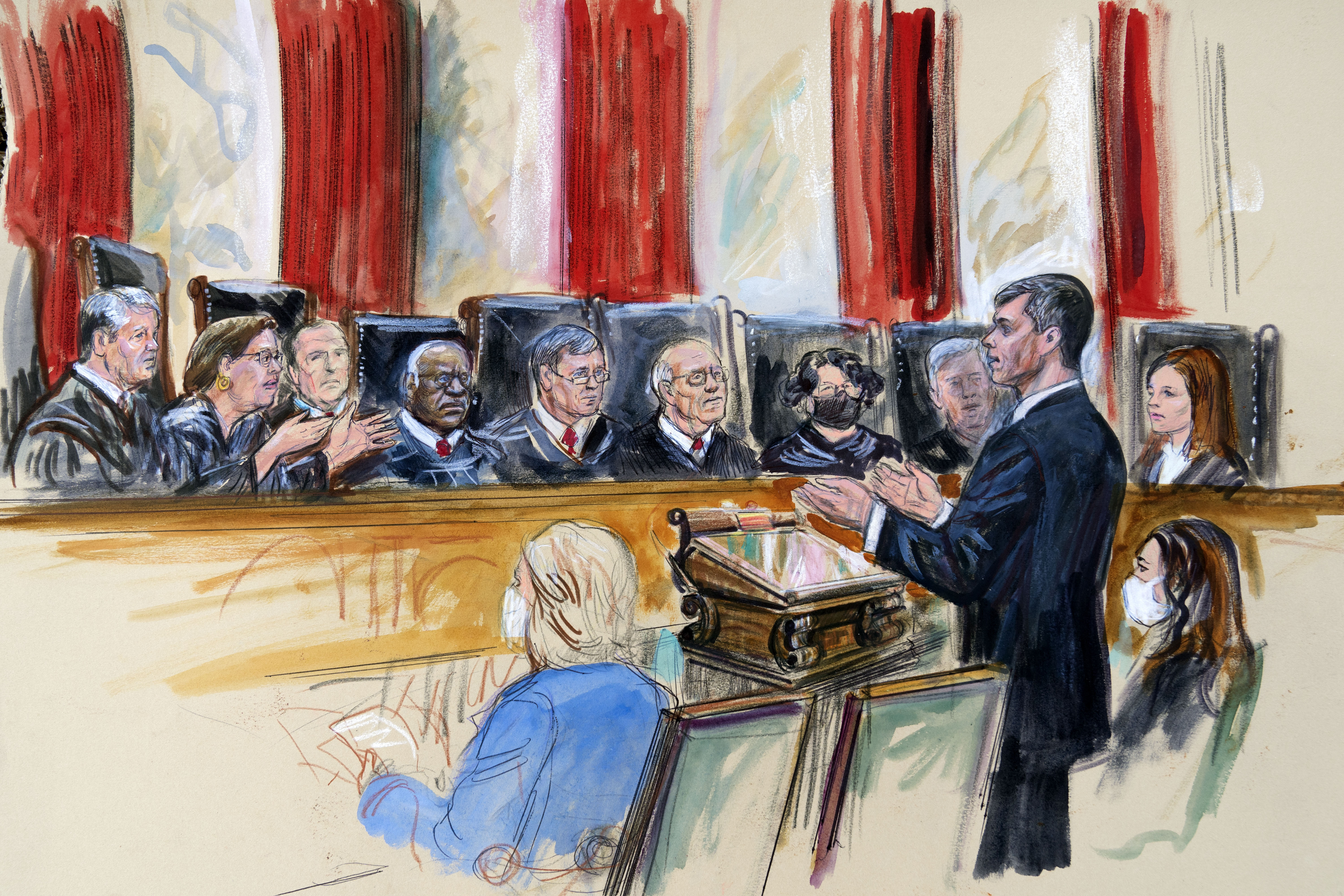 This artist sketch depicts Mississippi Solicitor General Scott Stewart, standing while speaking to the Supreme Court, Wednesday, Dec. 1, 2021, in Washington. (Dana Verkouteren via AP)