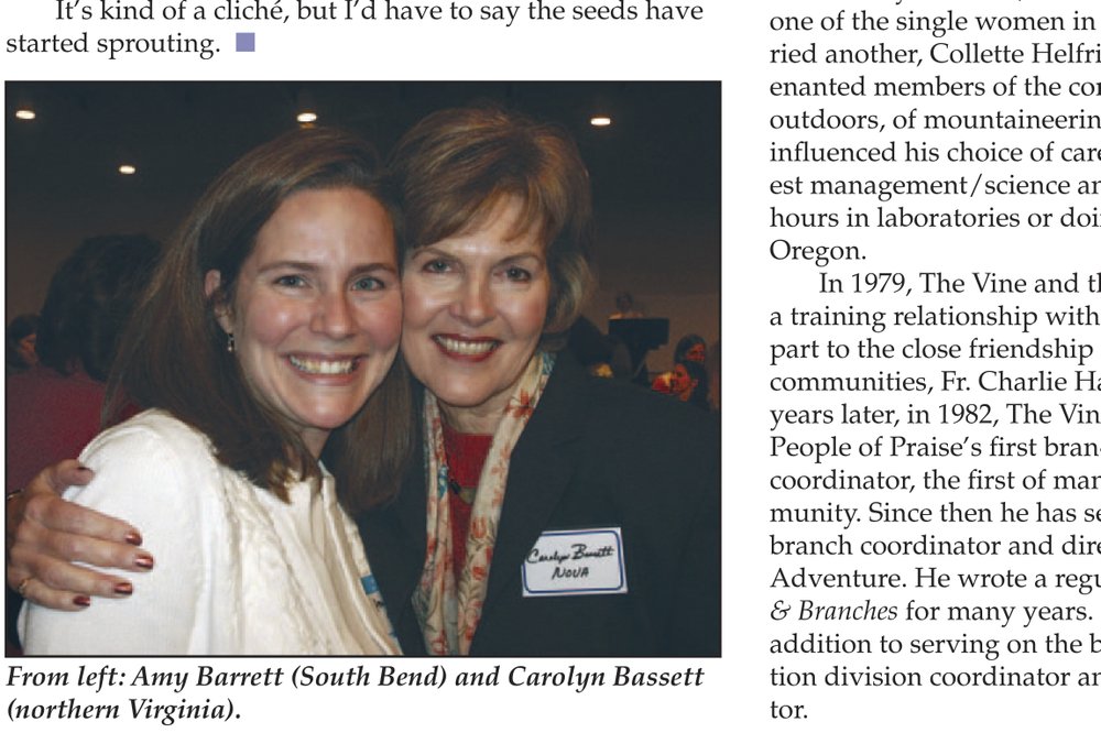 In this page from the May 2006 issue of Vine and Branches produced by People of Praise, Amy Coney Barrett is seen at left in the photo at a People of Praise Leaders’ Conference for Women in 2006. (People of Praise via AP)