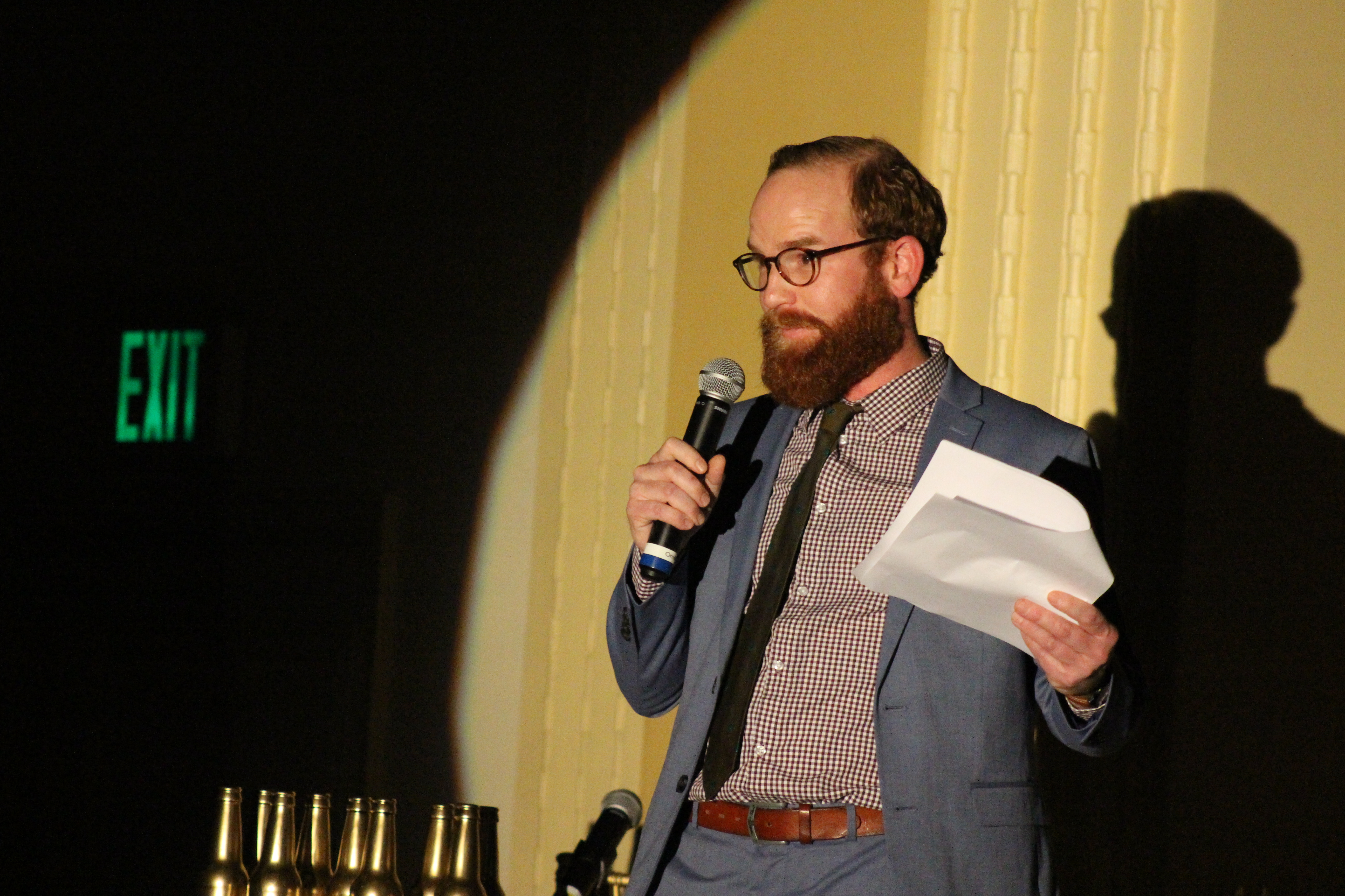 Barristers’ Club President Jeff Leuschen delivers a monologue during the Barristers’ Club Christmas show at the Paxton Ballroom, 1403 Farnam St., on Dec. 12, 2019. (Photo by Scott Stewart)