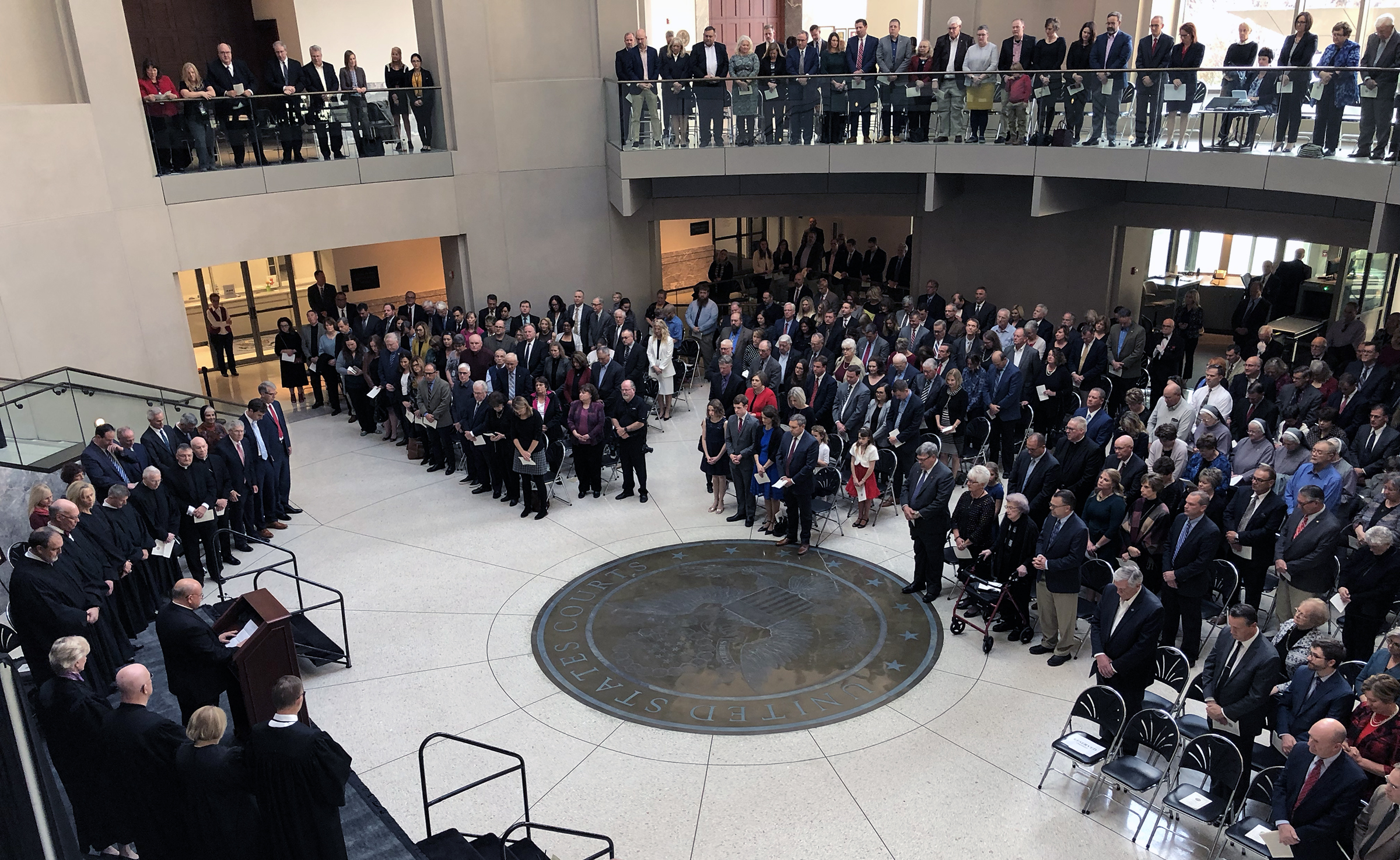 Bishop Joseph Hanefeldt of the Diocese of Grand Island delivers the invocation  at Brian C. Buescher&#039;s investiture ceremony at the Hruska Federal Courthouse on Friday, Nov. 15, 2019. (Photo by Scott Stewart)