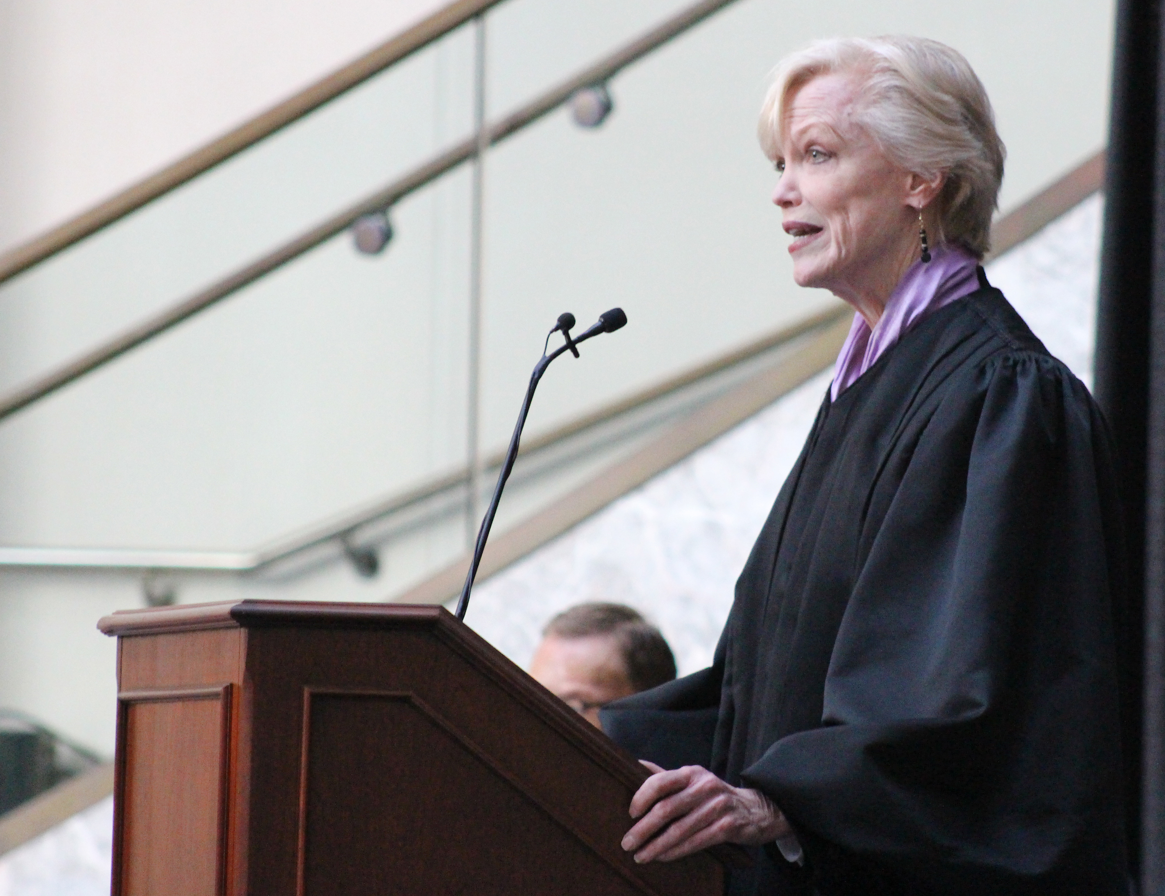 U.S. District Court Senior Judge welcomes the crowd and makes introductions at Brian C. Buescher&#039;s investiture ceremony at the Hruska Federal Courthouse on Friday, Nov. 15, 2019. (Photo by Scott Stewart)