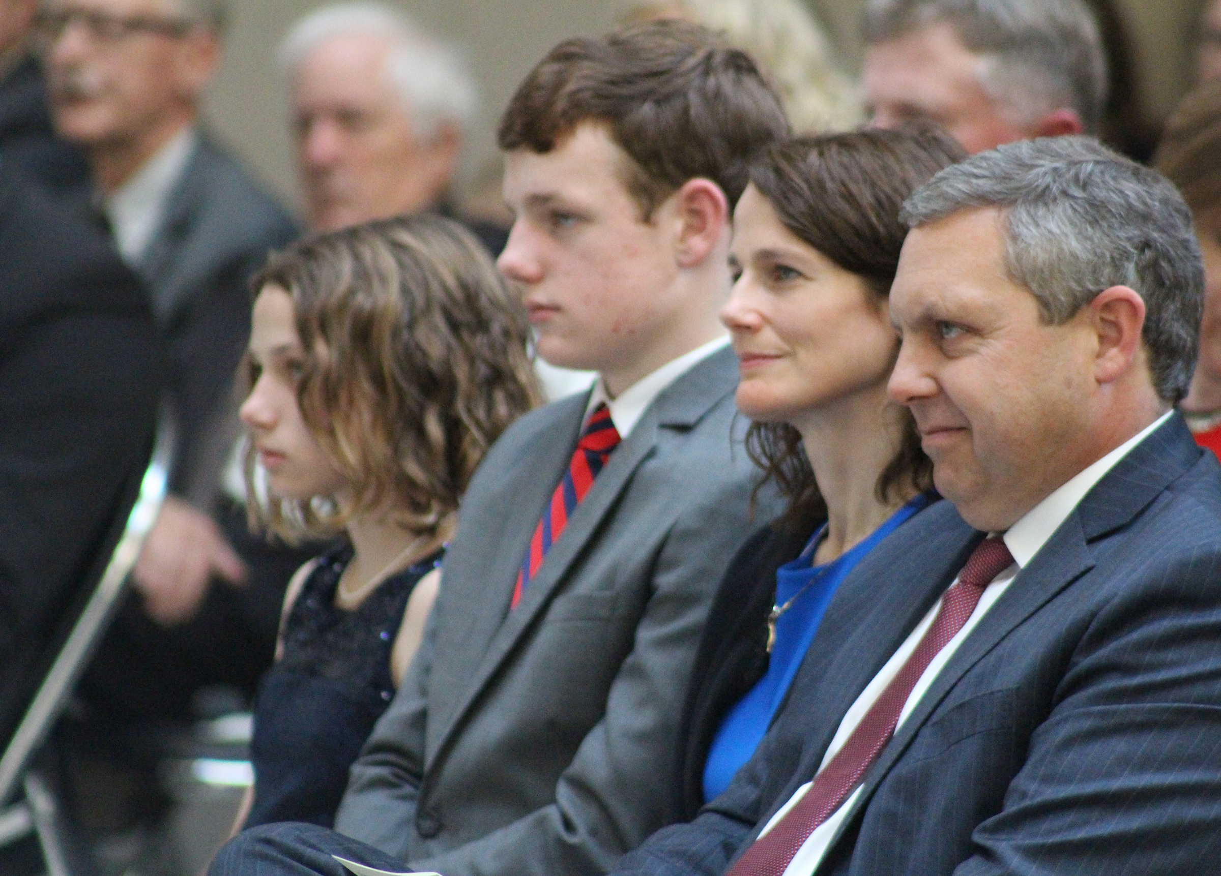 Brian C. Buescher listens to U.S. Sen. Deb Fischer&#039;s remarks during his investiture ceremony at the Hruska Federal Courthouse on Friday, Nov. 15, 2019. (Photo by Scott Stewart)
