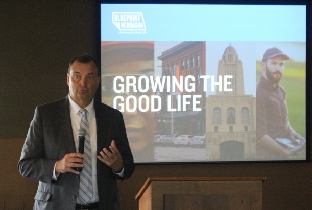 Bryan Slone, president of the Nebraska Chamber, speaks at a Nebraska Chamber of Commerce and Industry Fall Forum held at Tiburon Golf Course on Thursday, Sept. 5, 2019. (Photo by Scott Stewart)