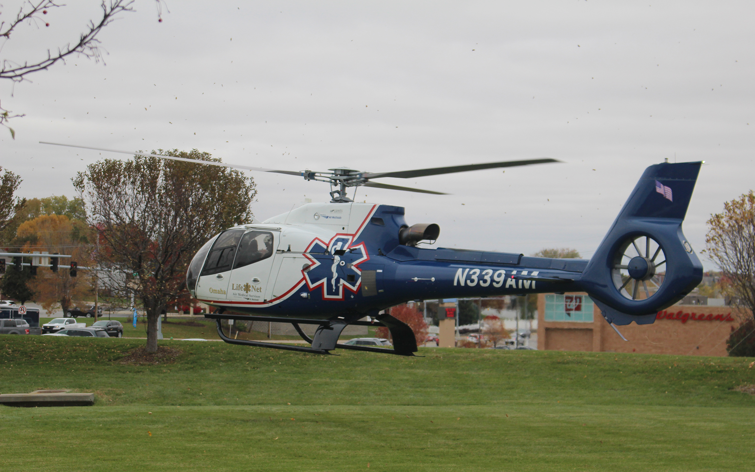 A LifeNet helicopter departs from an open house at the Douglas County Sheriff’s Office on Saturday, Oct. 27, 2019. (Photo by Scott Stewart)