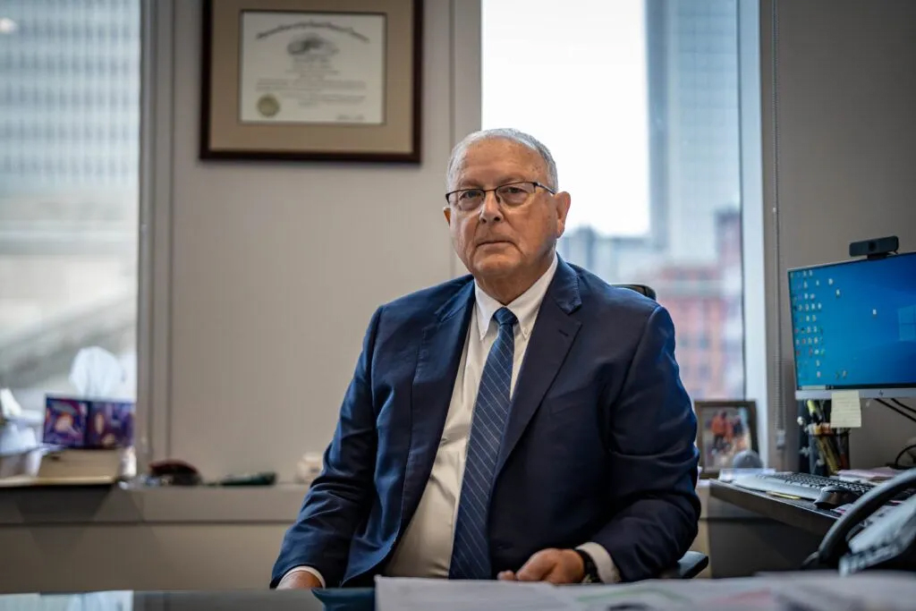 Douglas County Attorney Don Kleine poses for a photo inside his office at the Douglas County Justice Center in downtown Omaha on June 5. Kleine’s office receives requests to force people into mental health treatment and works with health care providers to decide which filings to accept and which to decline.<br />(Abiola Kosoko / Flatwater Free Press)