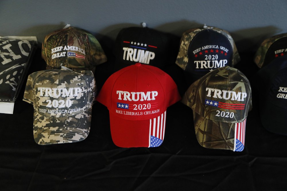 A display of President Trump baseball caps at the Bedford Trump Train headquarters in Temperance, Mich., Jan. 8, 2020. (AP)