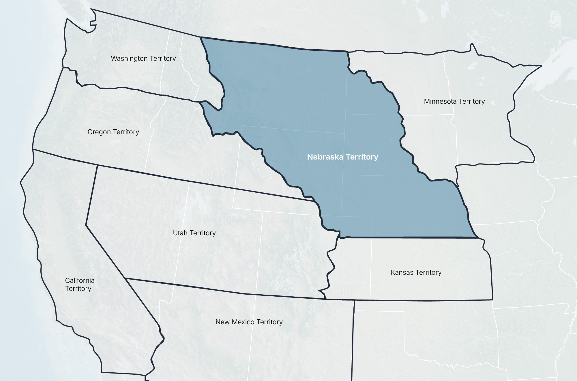 The Nebraska Territory wasn’t the only extra-large territory in the western U.S. during the mid-1850s. Only California, which became a state in 1850, still looks like it did then.<br />(Flatwater Free Press)