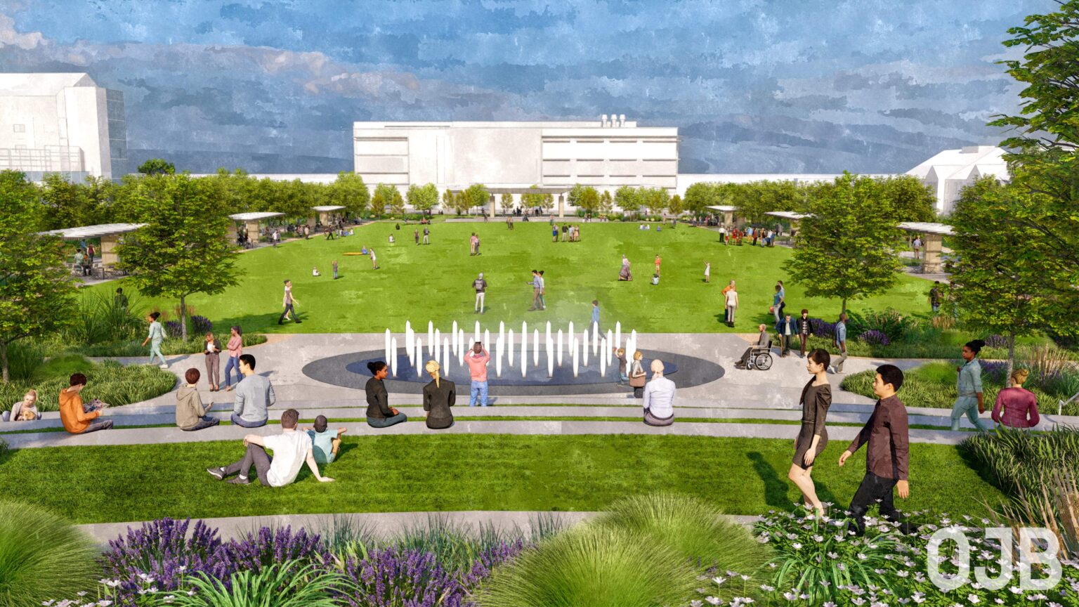 Rendering of fountain area of future Creighton University “quadrangle,” a project described as the largest physical reshaping of the campus in its 147-year history.<br />(Courtesy of OJB)
