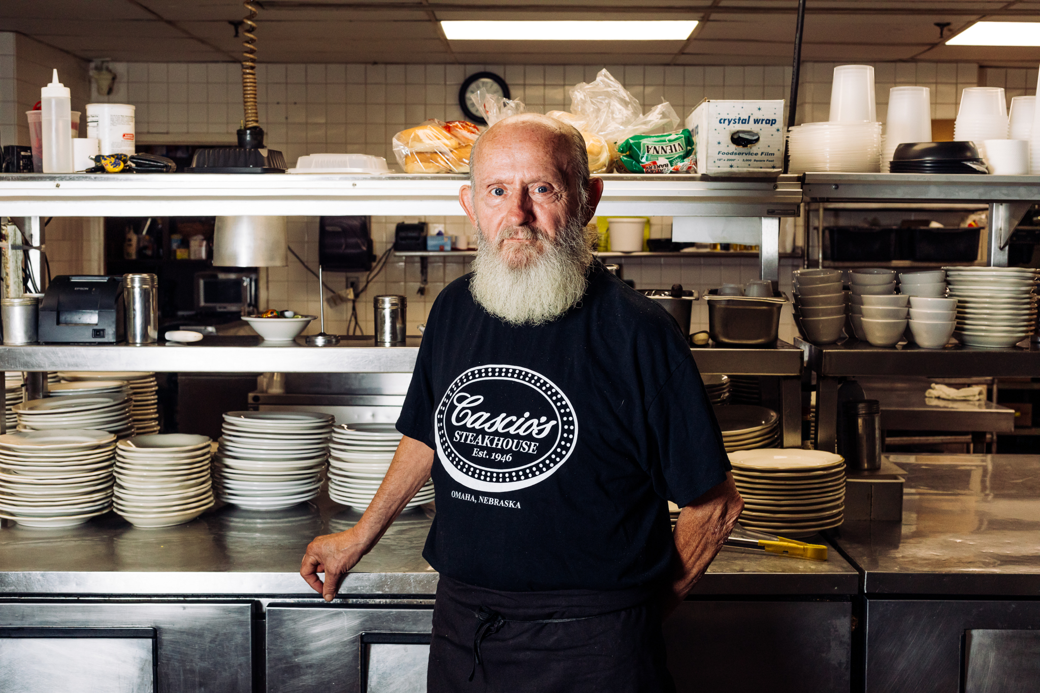 Gary Johnson has worked in the kitchen at Cascio’s Steakhouse for 57 years and is the restaurant’s longest-serving staff member.<br />(Joshua Foo / Flatwater Free Press)