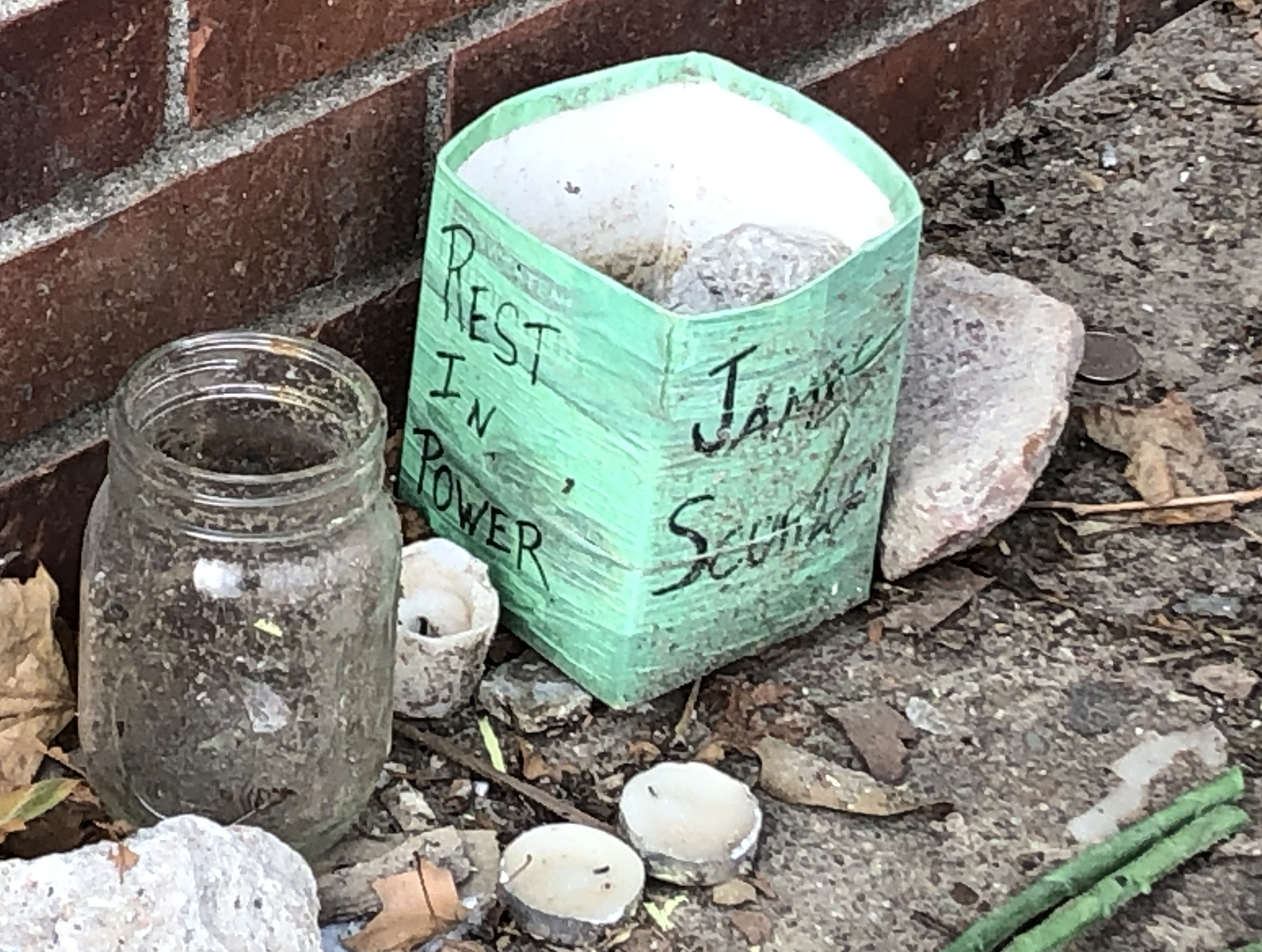 A close-up of part of a memorial for James Scurlock is shown near 12th and Harney streets in downtown Omaha, Wednesday, Sept. 16, 2020. (Scott Stewart/Daily Record)