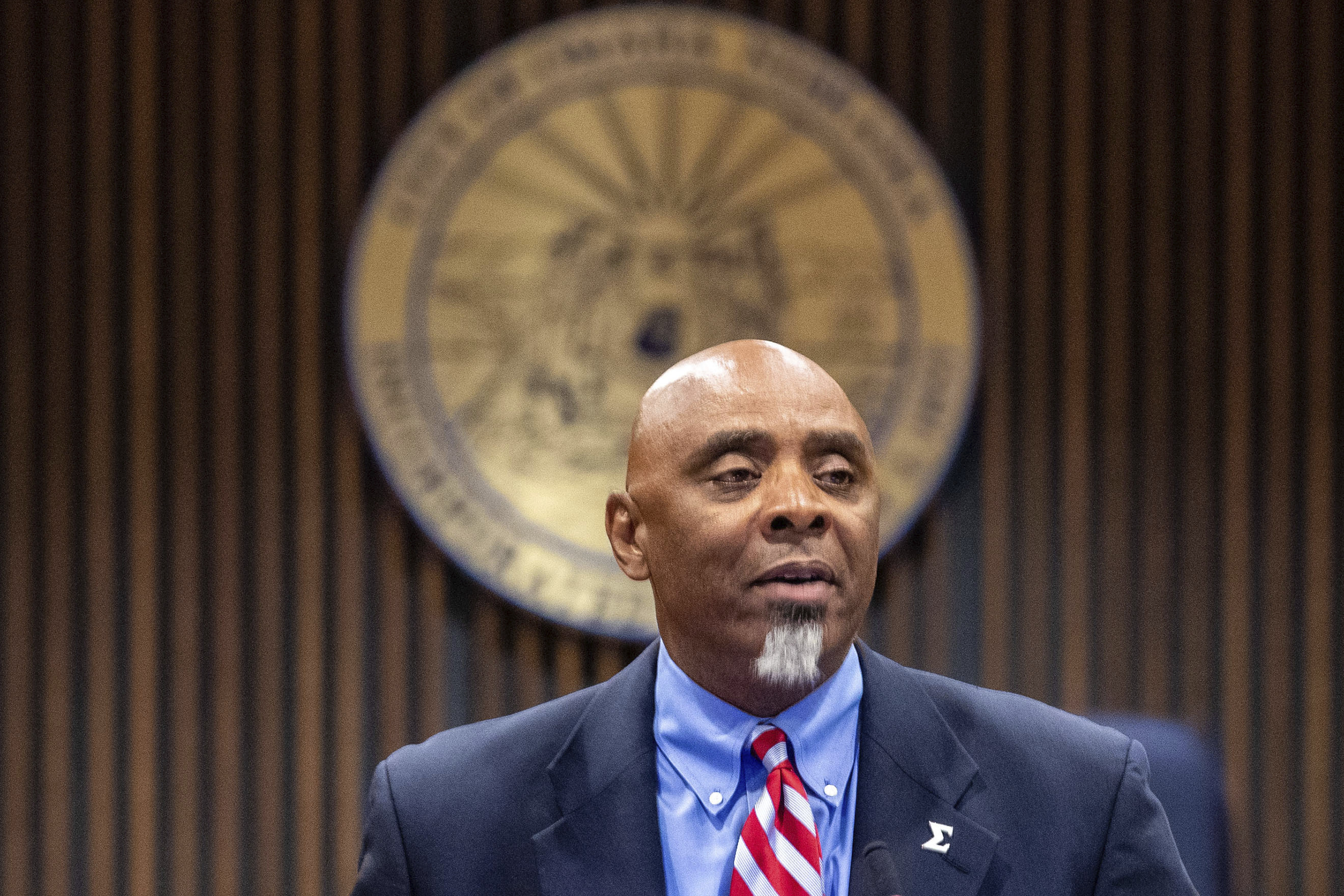 Special prosecutor Fred Franklin announces charges in the shooting death of James Scurlock during a press conference at the Omaha city council legislative chambers on Tuesday, Sept. 15, 2020, in Omaha. (Chris Machian/Omaha World-Herald via AP)