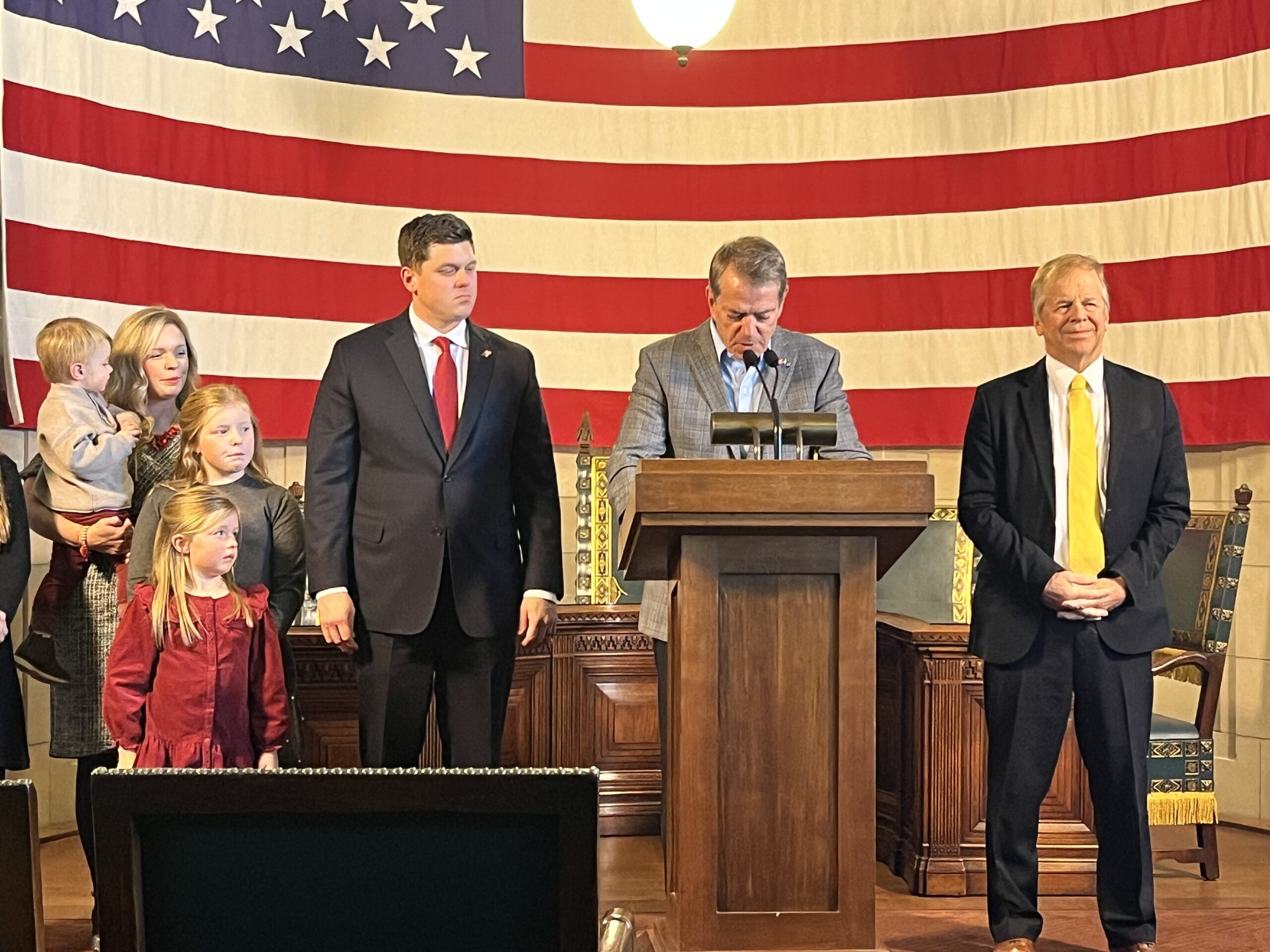 Gov. Jim Pillen announces the appointment of Fremont Mayor Joey Spellerberg to replace resigning State Treasurer Tom Briese, Nov. 3, 2025.<br />(Erin Bamer / Nebraska Examiner)
