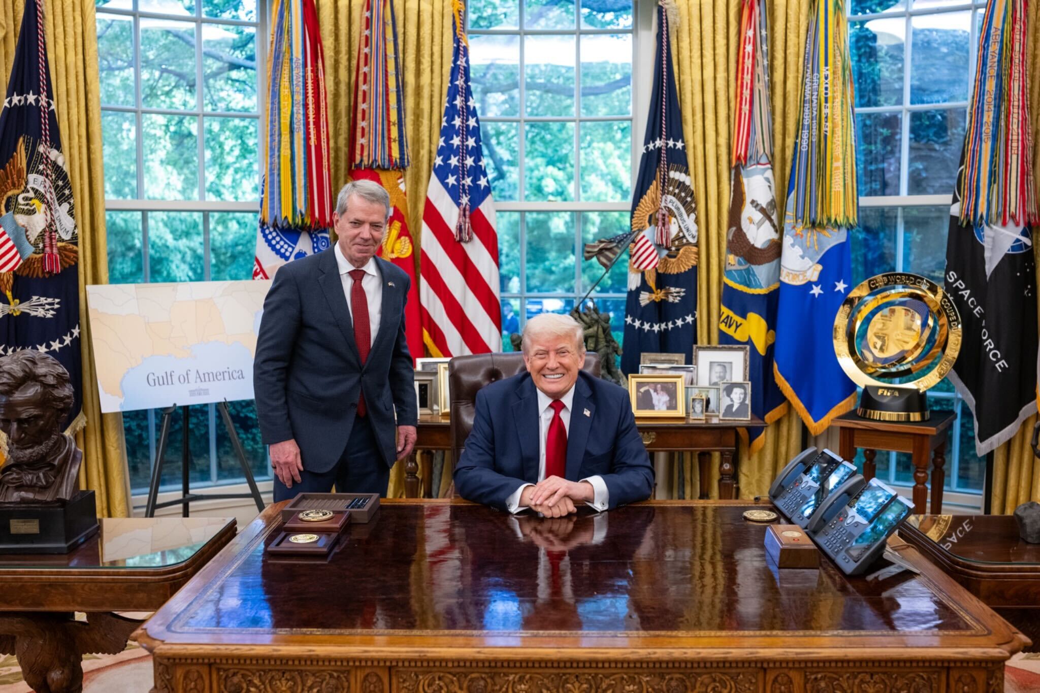 Nebraska Gov. Jim Pillen posing with President Donald Trump in the White House Oval Office, April 30, 2025.<br />(Courtesy of Gov. Jim Pillen)