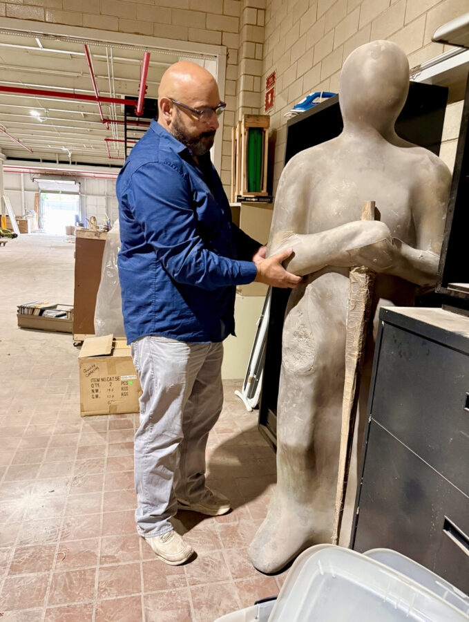 Bob Pelshaw with J. Doe, for a sculpture garden at Clover24.<br /> (Cindy Gonzalez / Nebraska Examiner)