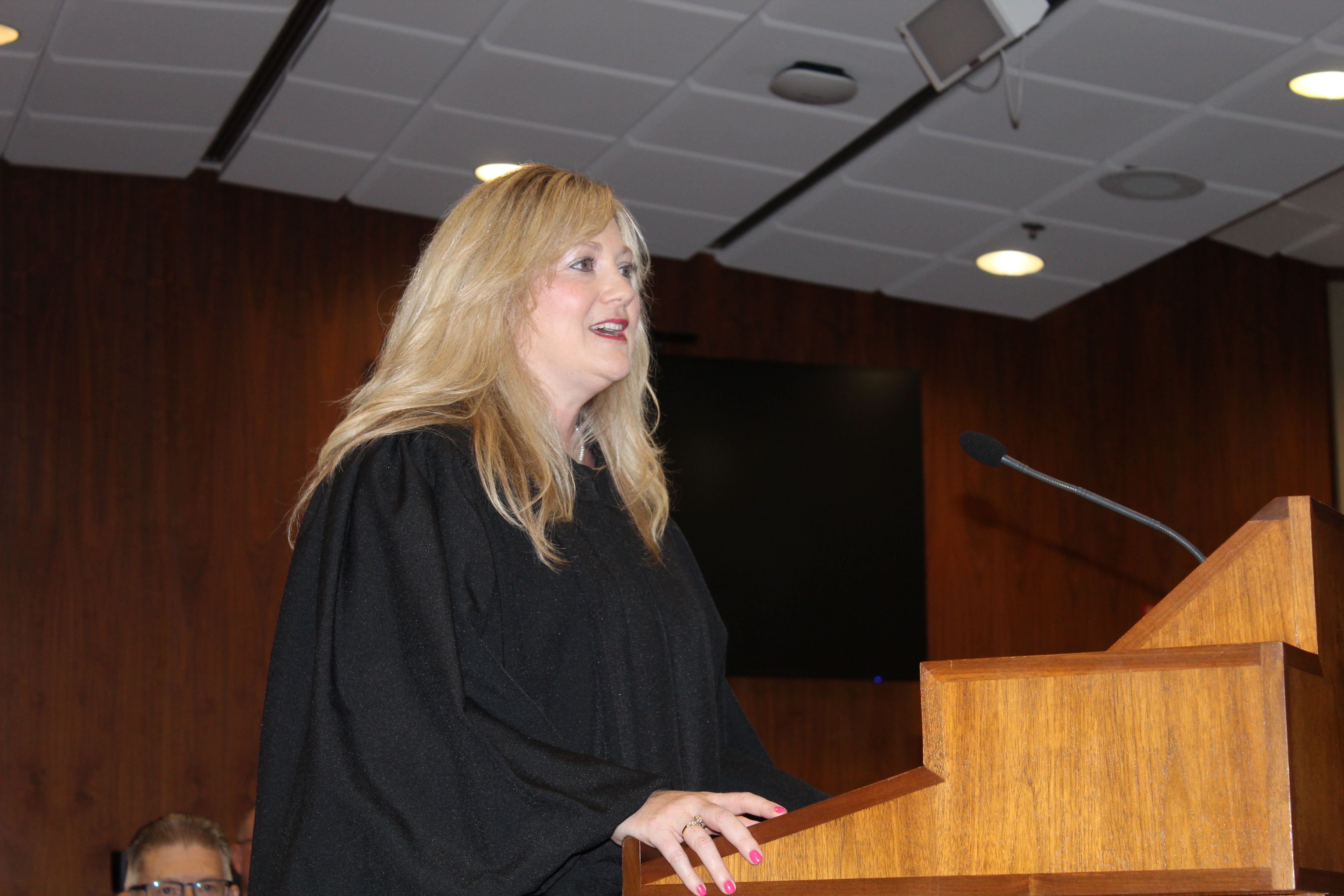 Douglas County Juvenile Court Judge Candice J. Novak delivers remarks during her investiture ceremony, Friday, June 11, 2021. (David Golbitz/Daily Record)