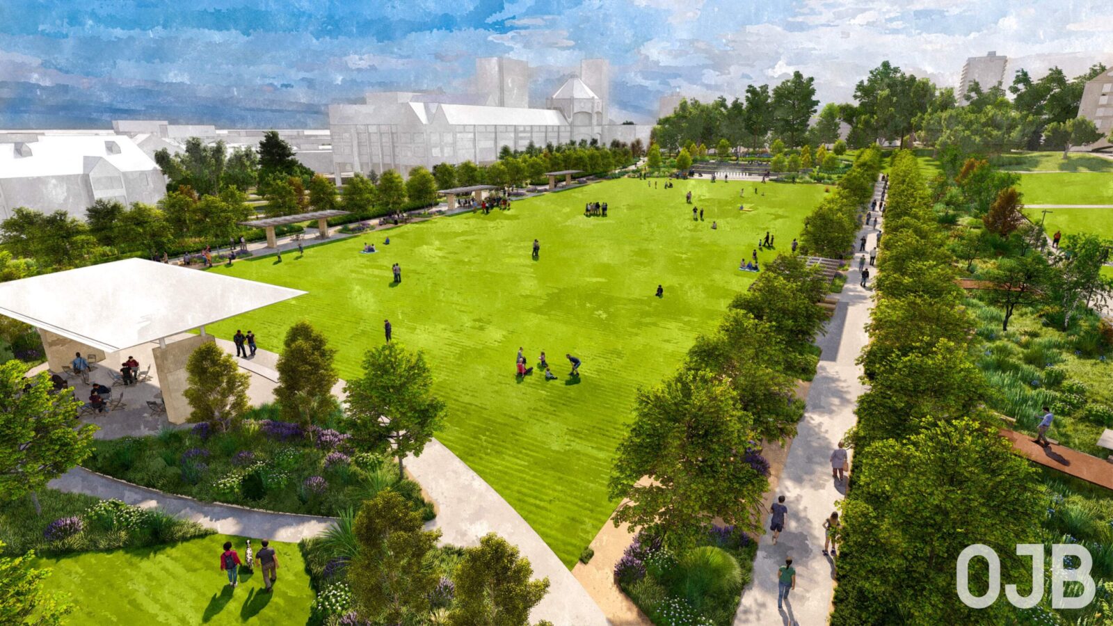 Aerial of the future Creighton University “quadrangle.”<br />(Courtesy of OJB)