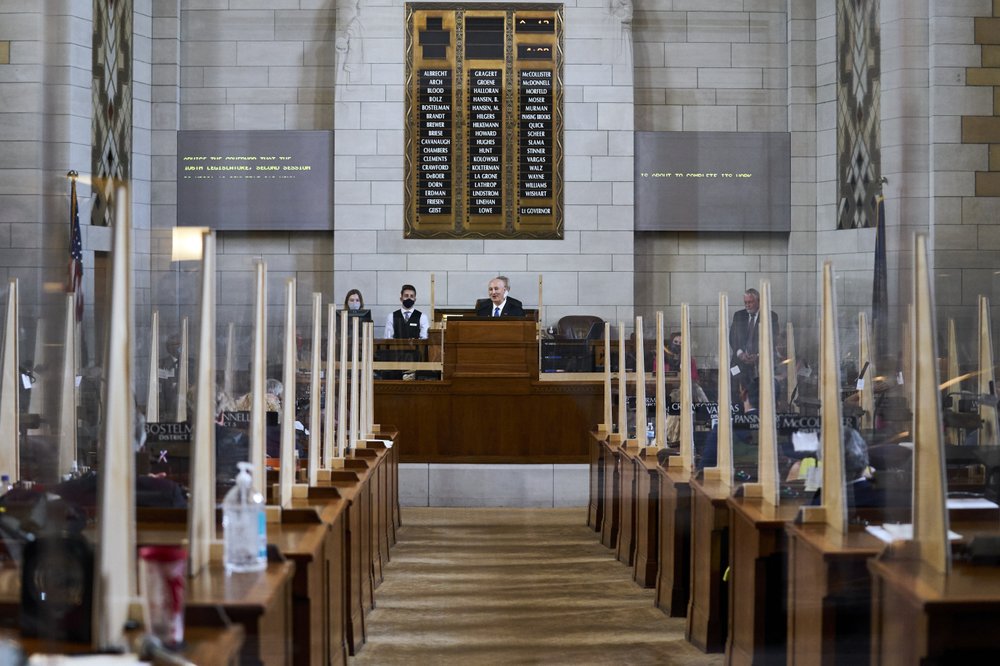 Nebraska Gov. Pete Ricketts addresses lawmakers in Lincoln, Thursday, Aug. 13, 2020, on the last day of a legislative session marked by major disruptions from the coronavirus and political feuds that often turned personal. (AP)