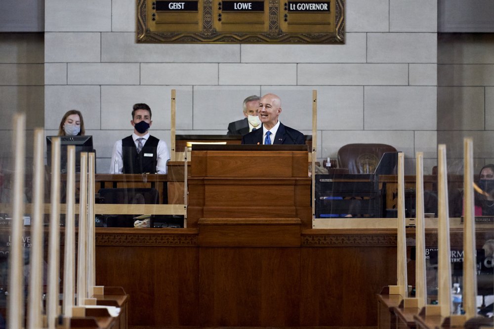 Nebraska Gov. Pete Ricketts addresses lawmakers in Lincoln, Thursday, Aug. 13, 2020, on the last day of a legislative session marked by major disruptions from the coronavirus and political feuds that often turned personal. (AP)