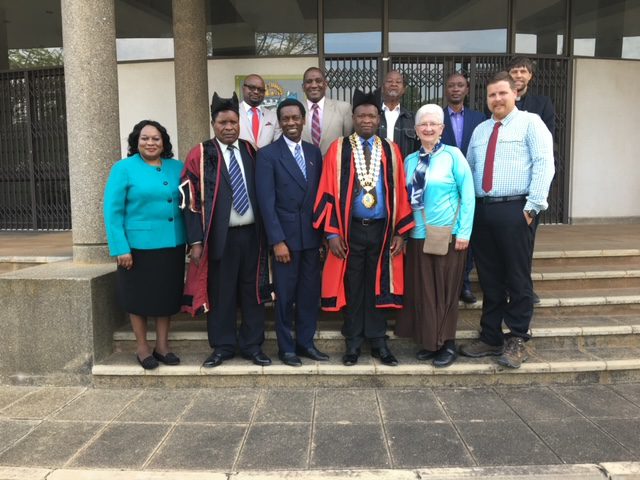 Mtika (third from left) poses with Malawi officials, Beverly Henkel, longtime supporter of Norfolk Schools in Malawi and Matt Wingert, a former board member of the nonprofit, during a ceremony in Blantyre, Malawi.<br />(Courtesy photo)