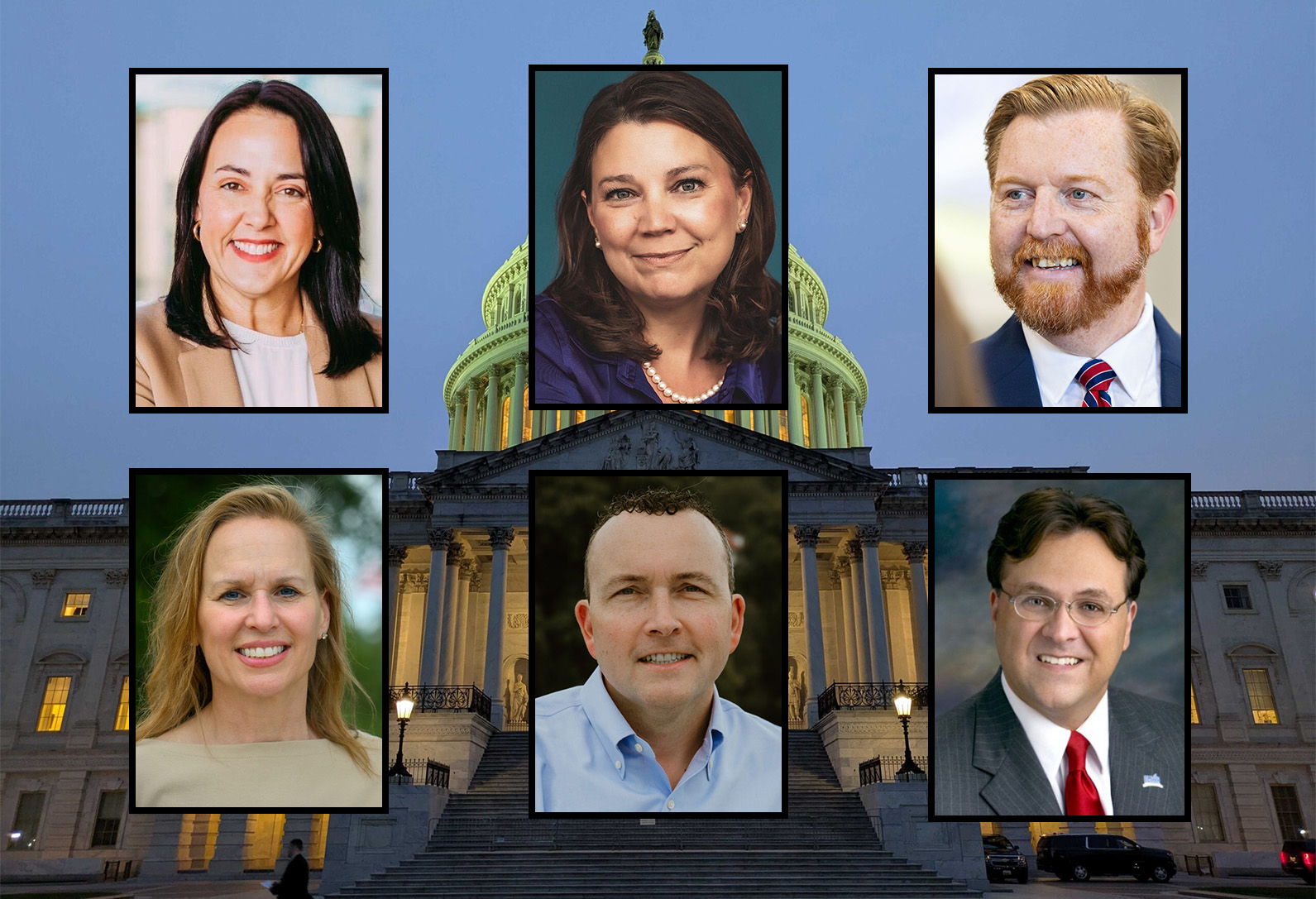 Six candidates are vying to be the Democratic candidate for an open seat in Nebraska’s 2nd Congressional District. Top row, from left: Denise Powell, Crystal Rhoades and John Cavanaugh. Bottom row, from left: Kishla Askins, James Leuschen and Evangelos Argyrakis.<br /> (Candidate photos courtesy of respective campaigns | U.S. Capitol photo by Ashley Murray / States Newsroom)