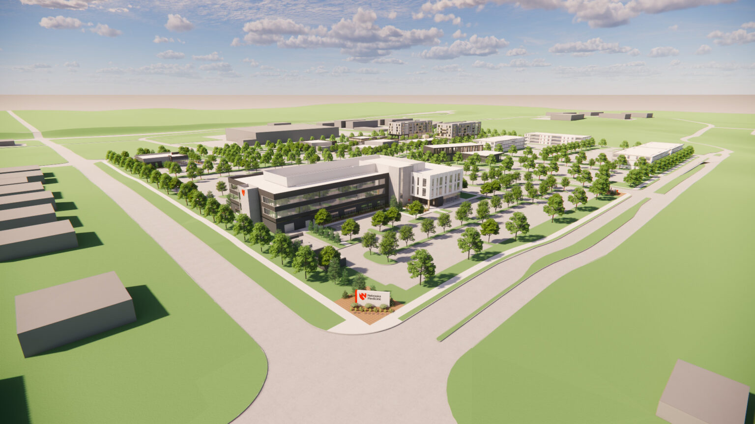 A Nebraska Medicine facility, to open in 2027, is described as the centerpiece of a planned 31-acre campus that will also include an estimated 300 dwellings, retail and a big green space for events in the larger Gretna Landing subdivision.<br />(Courtesy of Noddle Companies)