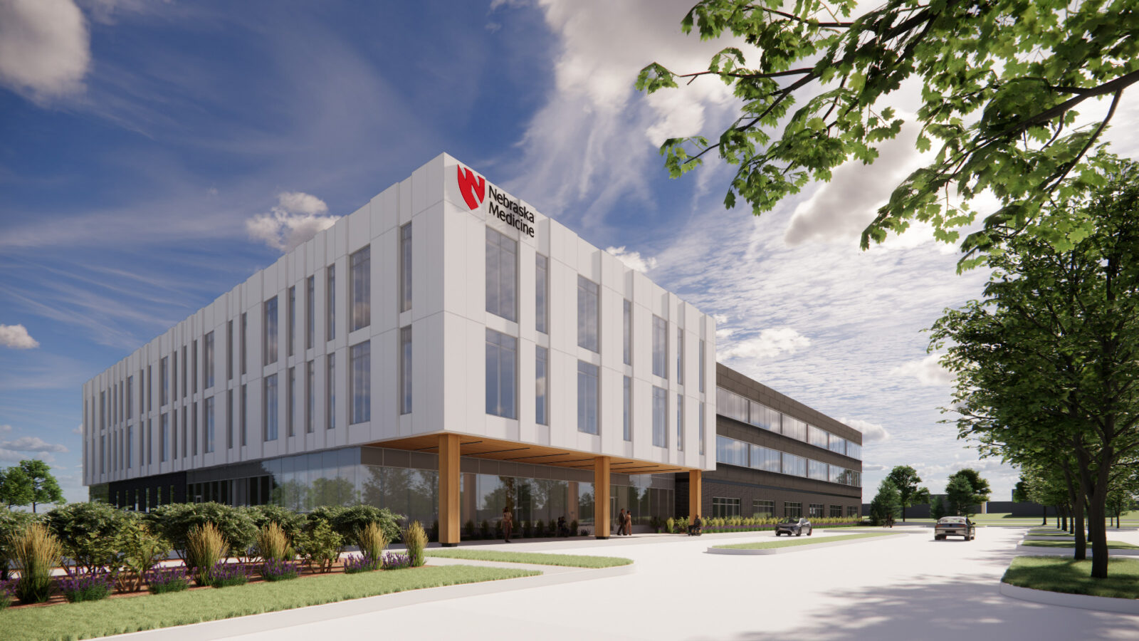 A Nebraska Medicine health clinic, to span about 125,000 square feet, is a centerpiece of a planned 31-acre mixed-use development in Gretna that’s led by Omaha-based Noddle Companies.<br />(Courtesy of Noddle Companies)