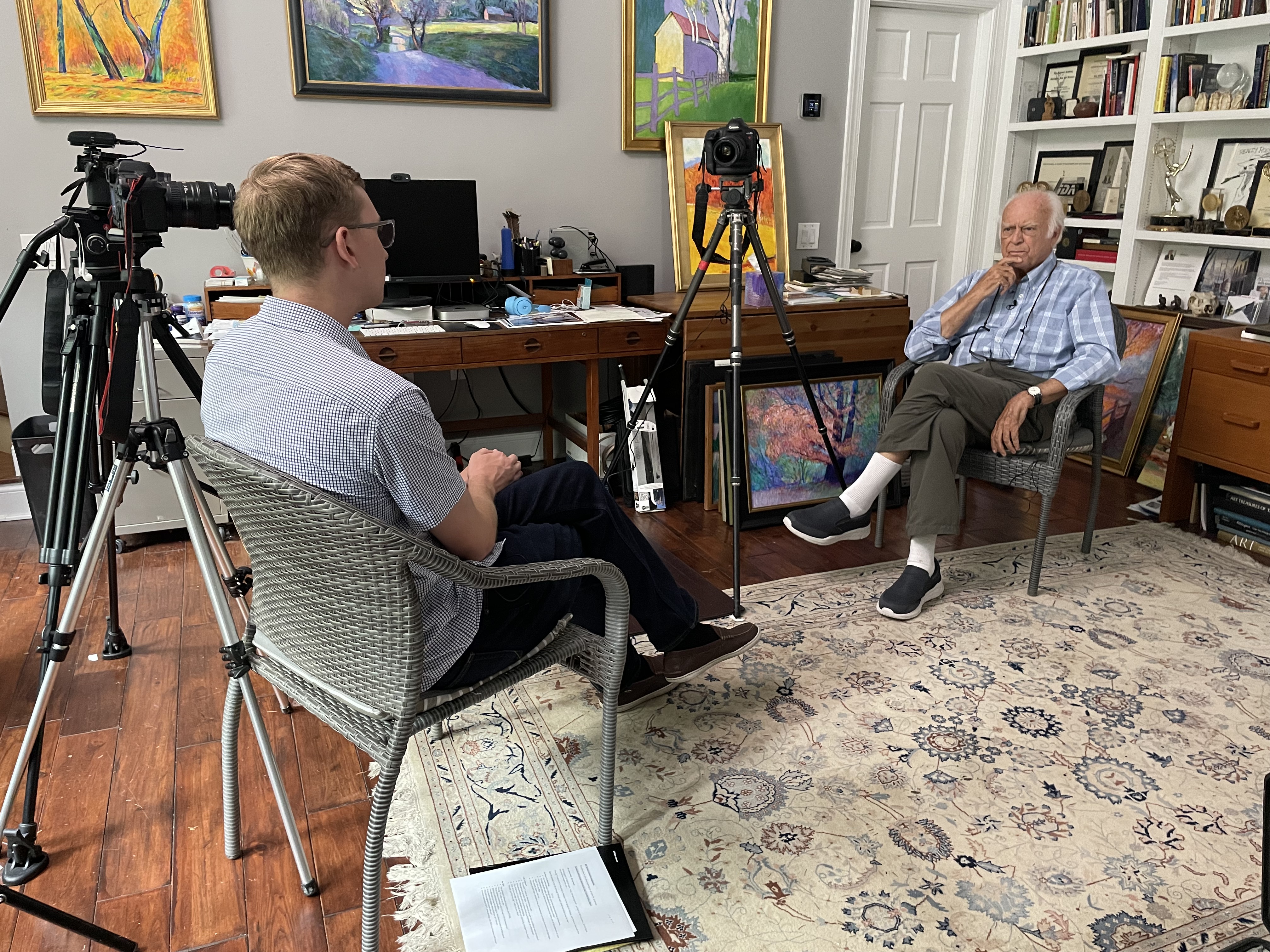 Nick Beaulieu (left) interviews Bill Jersey, director of “A Time for Burning.” Jersey’s film about racial division in Omaha in the 1960s heavily influenced Beaulieu’s documentary “My Omaha.”<br />(Courtesy of Nick Beaulieu)