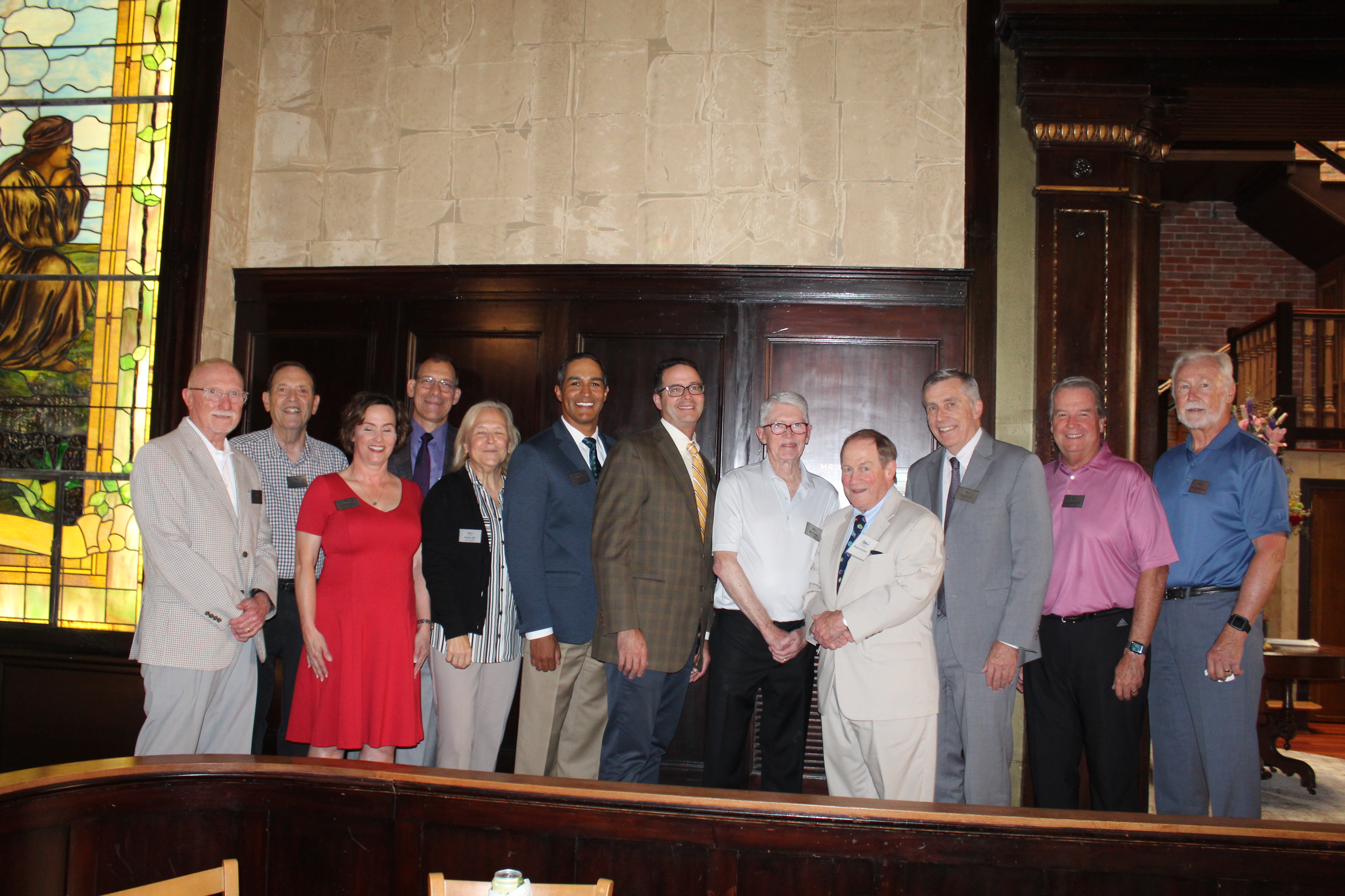 A group of past Omaha Bar Association presidents gather for their annual photo at Lucille’s in the Old Market, July 21, 2021. (David Golbitz/Daily Record)