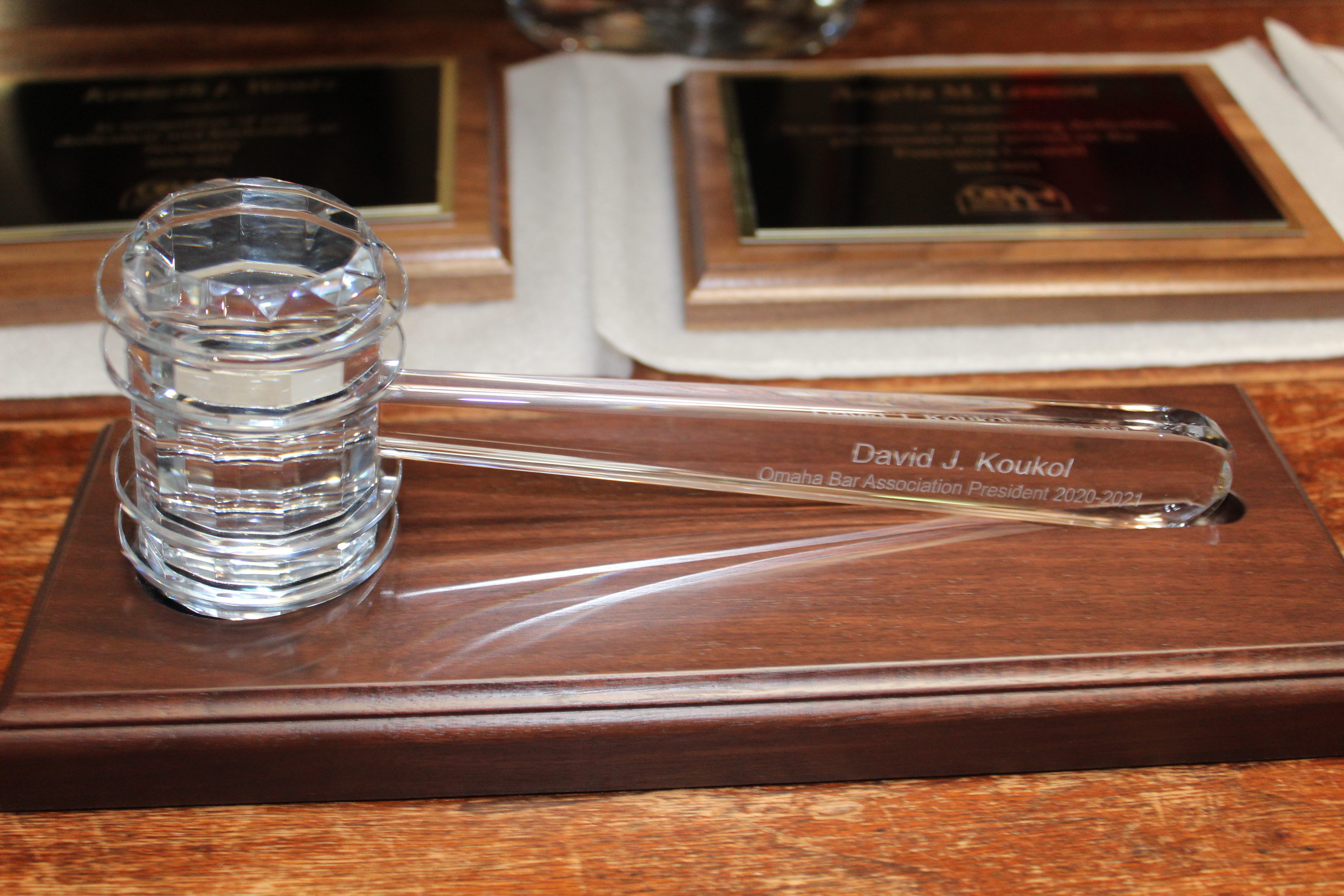 Closeup of crystal gavel presented to Dave Koukol during the OBA President’s Reception, July 21, 2021. (David Golbitz/Daily Record)