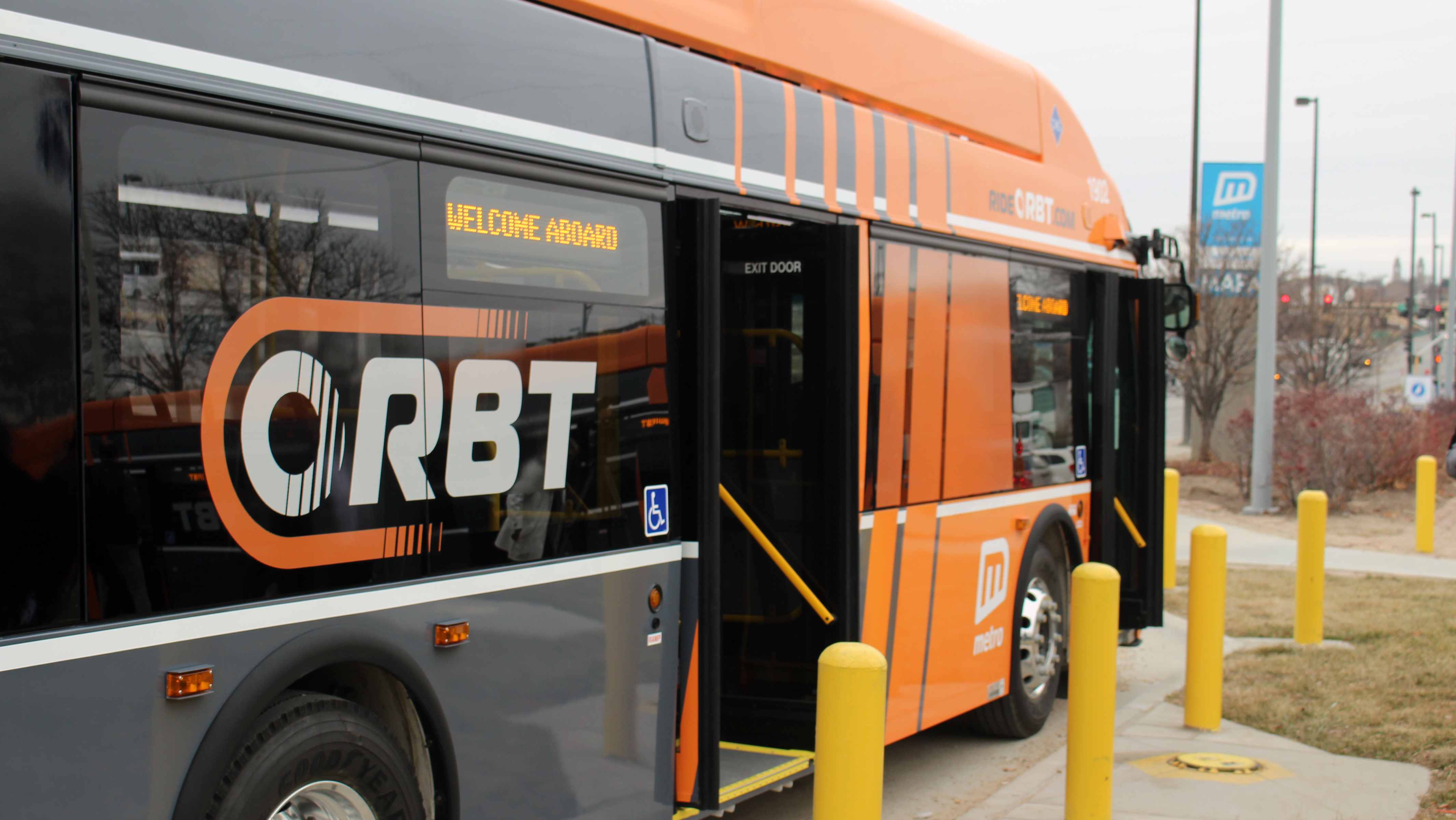 Ten new ORBT buses are ready to begin providing rapid transit service this fall to Metro passengers. In this photo, a new bus sits in front of Metro’s offices at 2222 Cuming St. during a sneak peek on Wednesday, Feb. 12, 2020. (Photo by Scott Stewart)