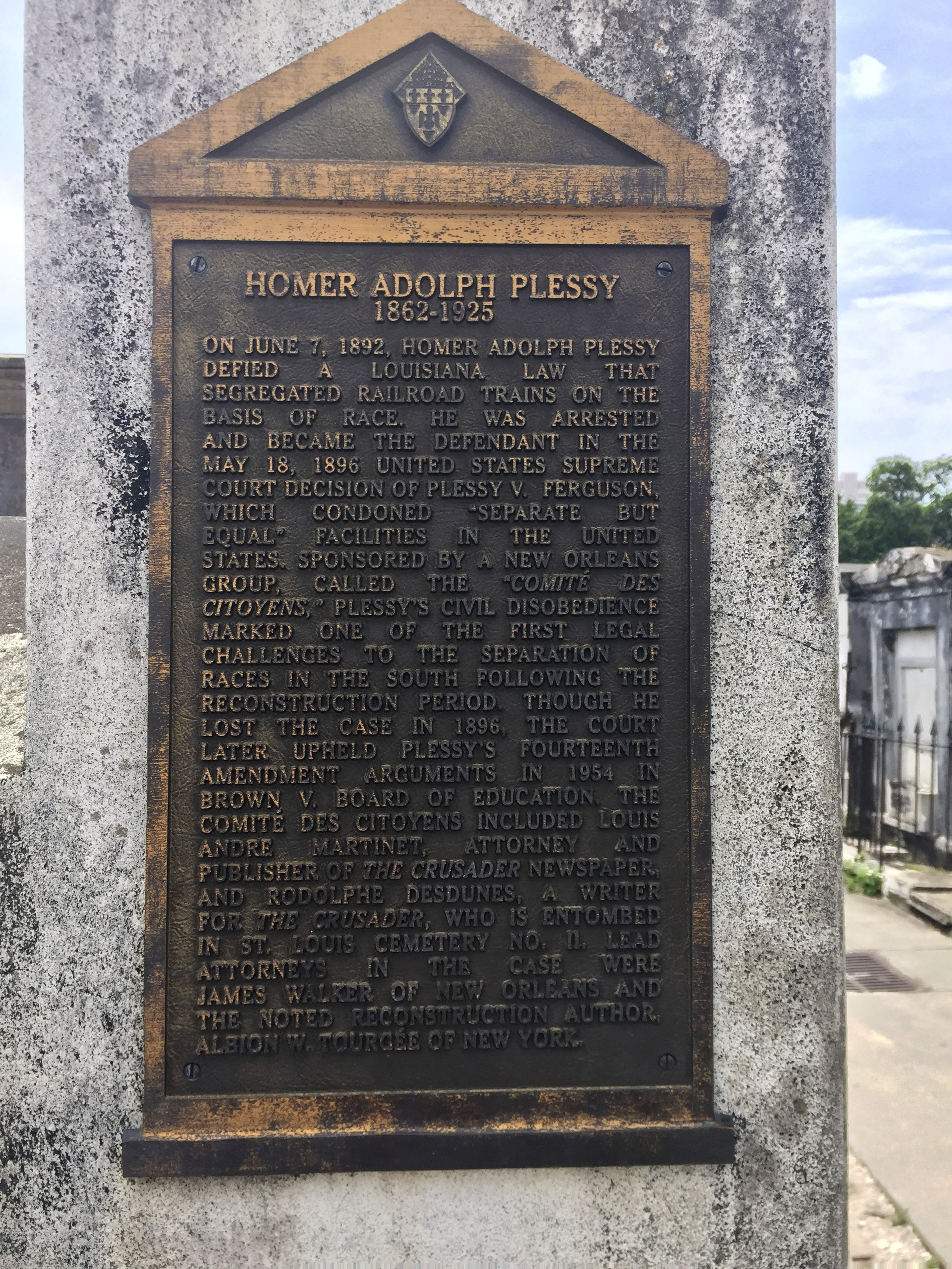 A marker is shown on the burial site for Homer Plessy in New Orleans, June 3, 2018. (AP)