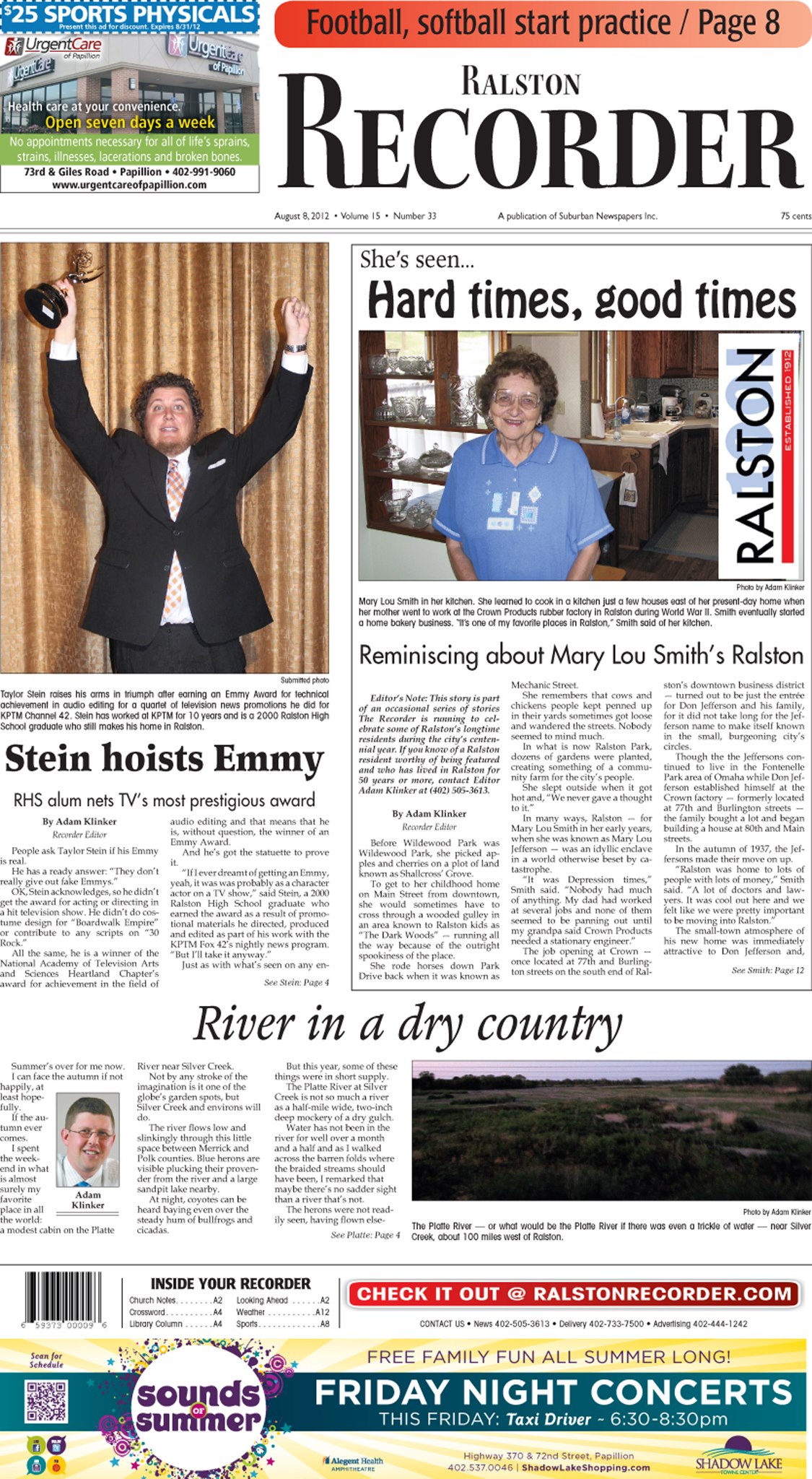 The front page of the Aug. 8, 2012, issue of The Ralston Recorder, under Adam Klinker’s editorship. (Frank and Velma Johnson Ralston Archives Museum)