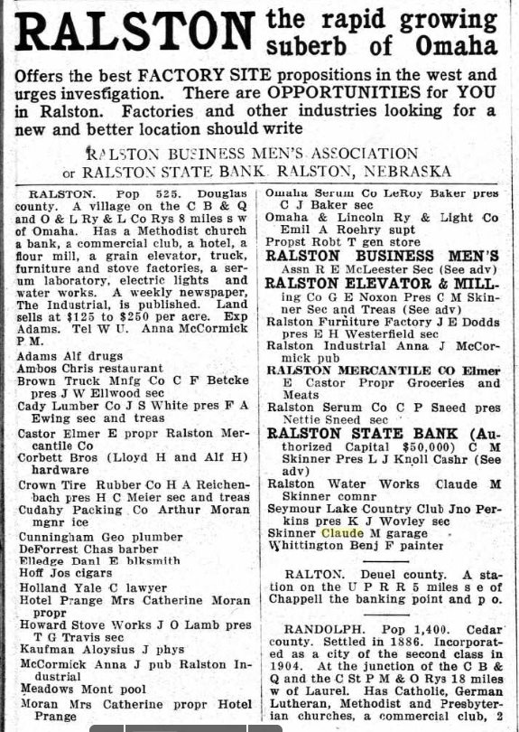 An ad from The Recorder touts a factory site in Ralston. (Frank and Velma Johnson Ralston Archives Museum)