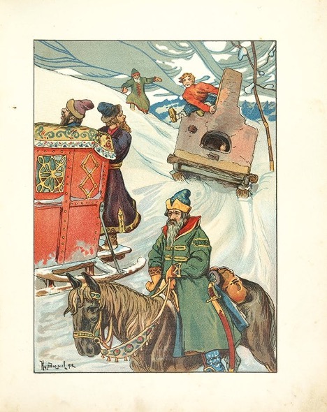 A 1913 illustration from Russian folk tale ‘At the Pike’s Behest,’ also known as ‘Emelyan the Fool.’  				                              (В. Курдюмов)